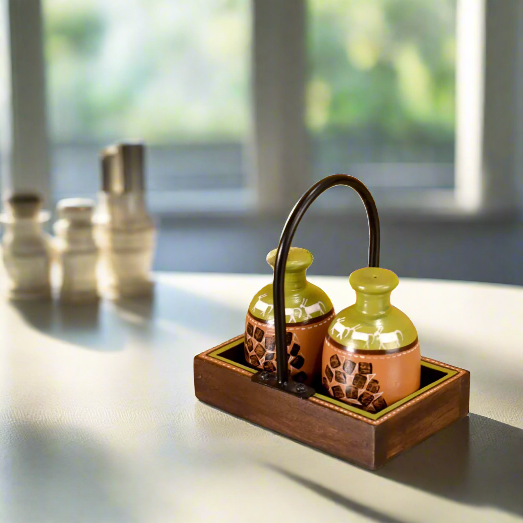 Salt Pepper Terracotta Shakers With Wooden Tray Handcrafted Utility By Tamrapatra