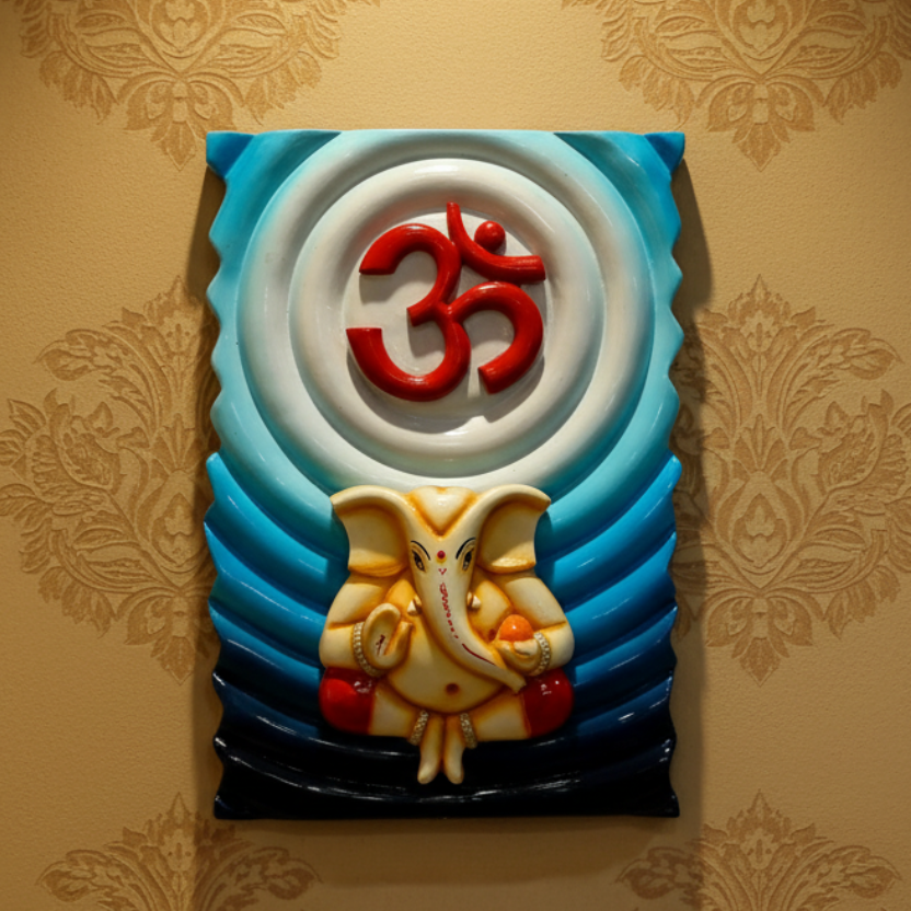 Decorative wall art with Om symbol and elephant on a patterned wall