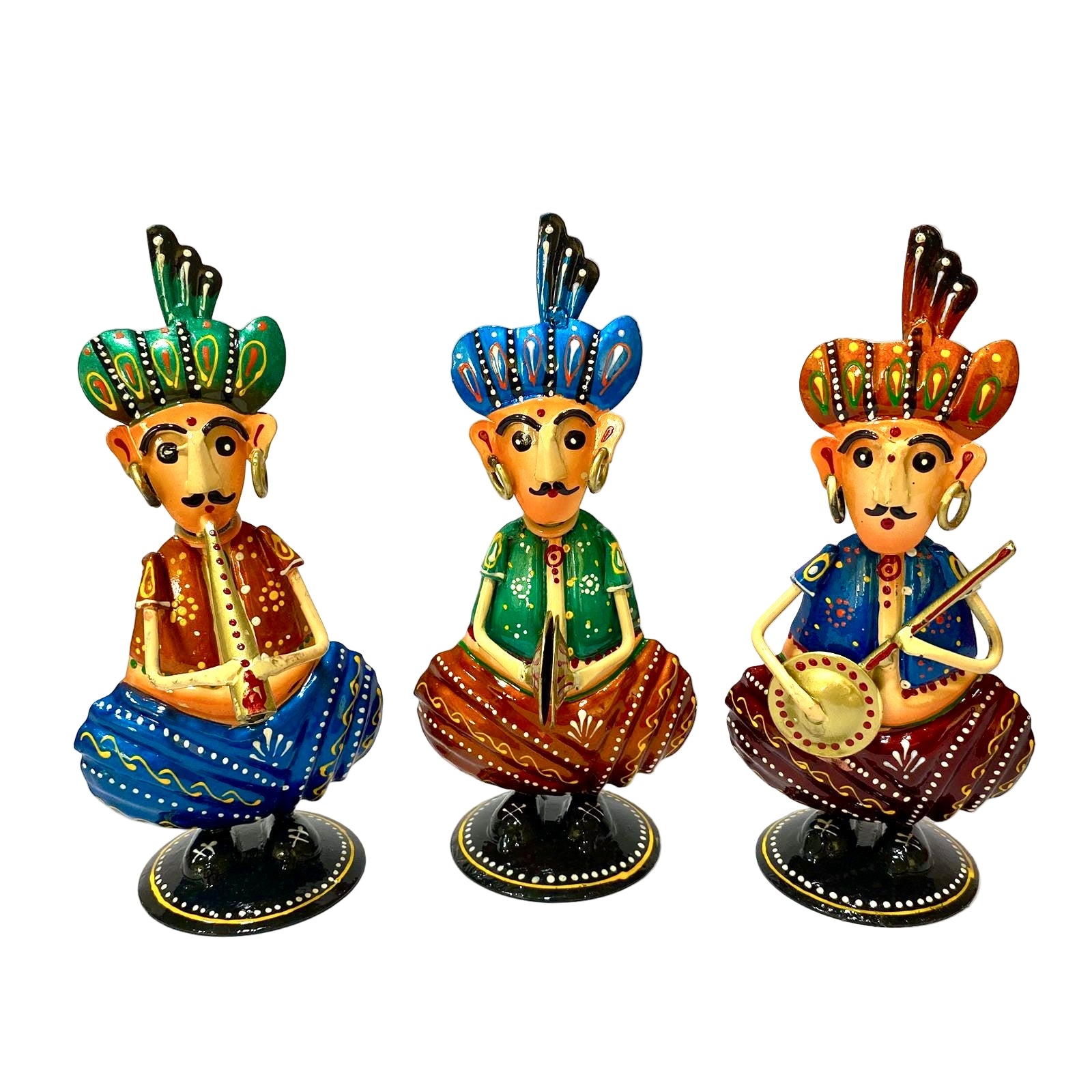 Three colorful figurines of men in traditional attire on a white background