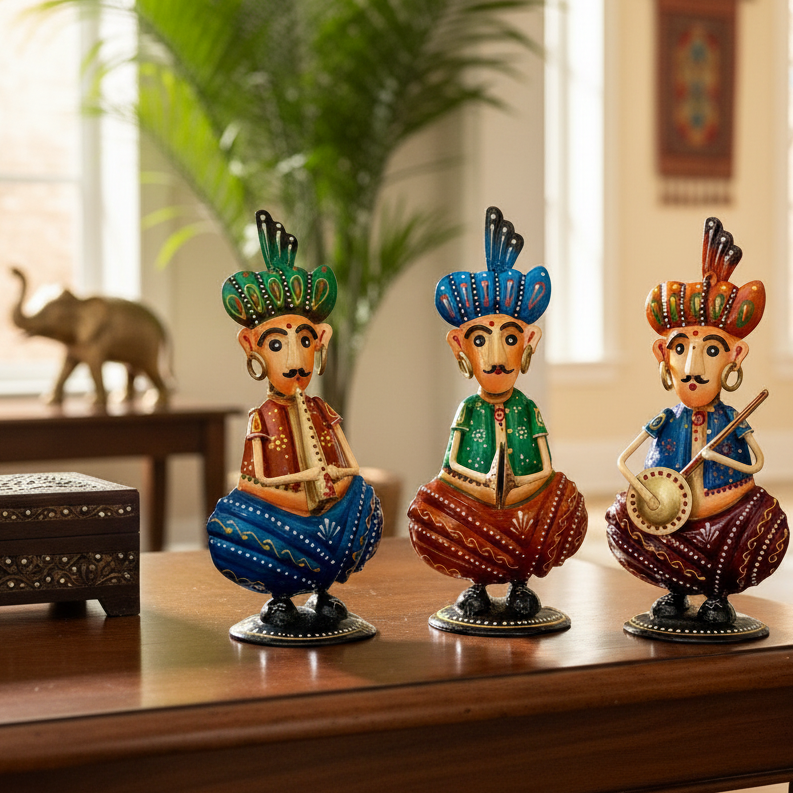 Three decorative figurines of musicians on a wooden table with a blurred indoor background