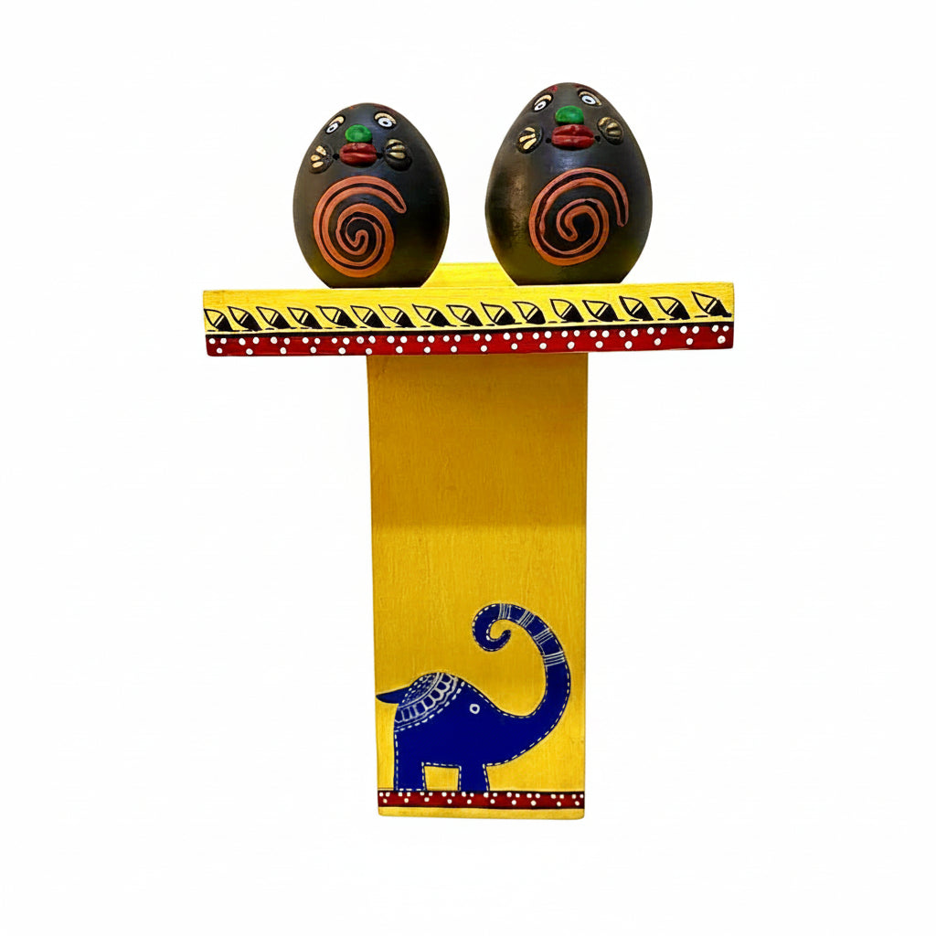 Wooden Shelf With 2 Terracotta Pots Elephant Motif Miniature Painting By Tamrapatra - Tamrapatra
