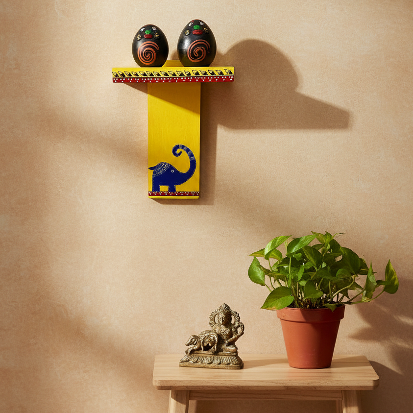 Wooden Shelf With 2 Terracotta Pots Elephant Motif Miniature Painting By Tamrapatra - Tamrapatra