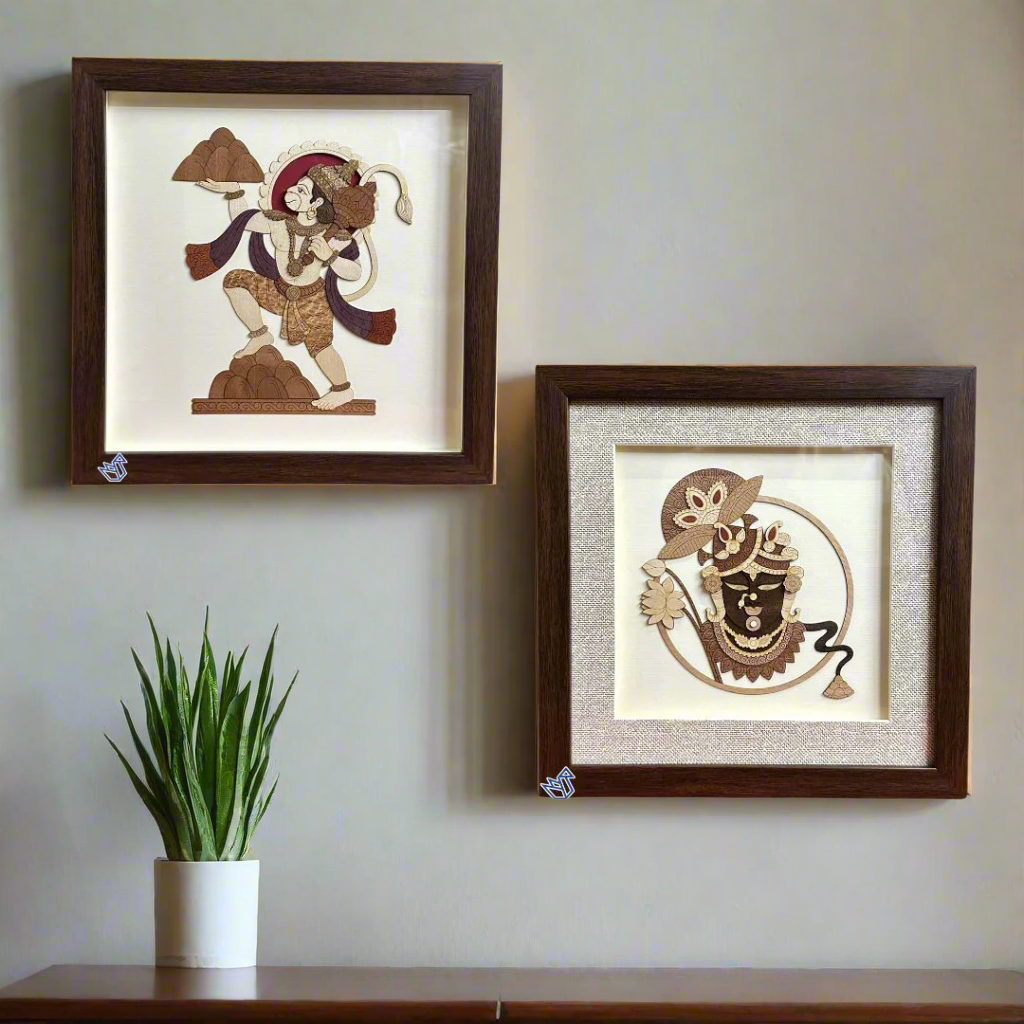 Two framed artworks of traditional figures on a white background