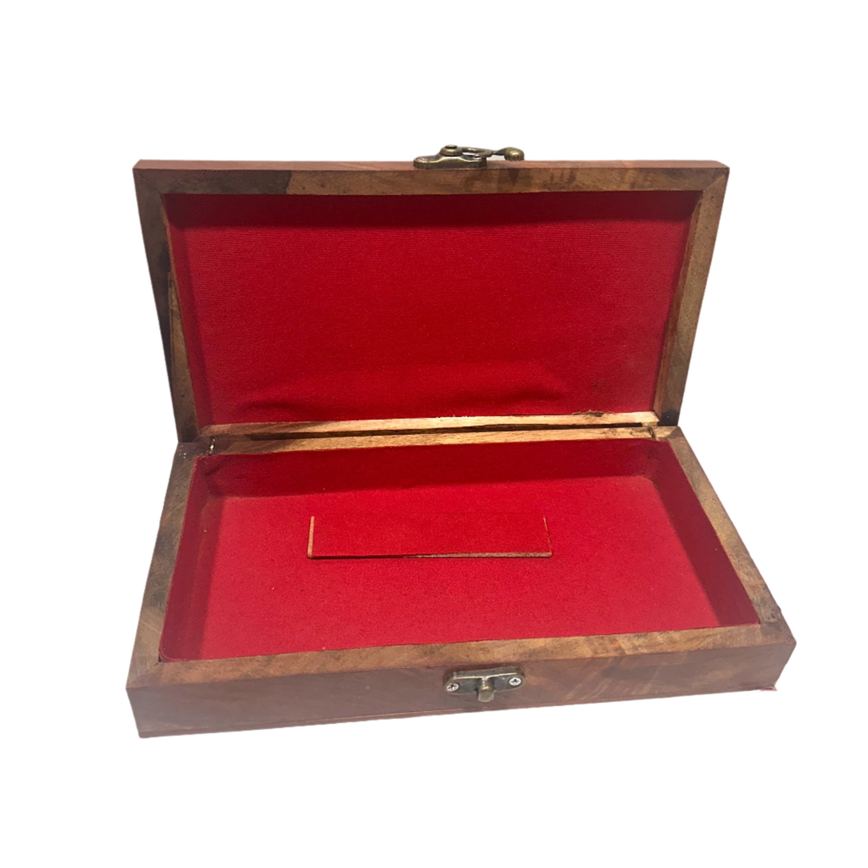 Wooden box with red interior on a white background