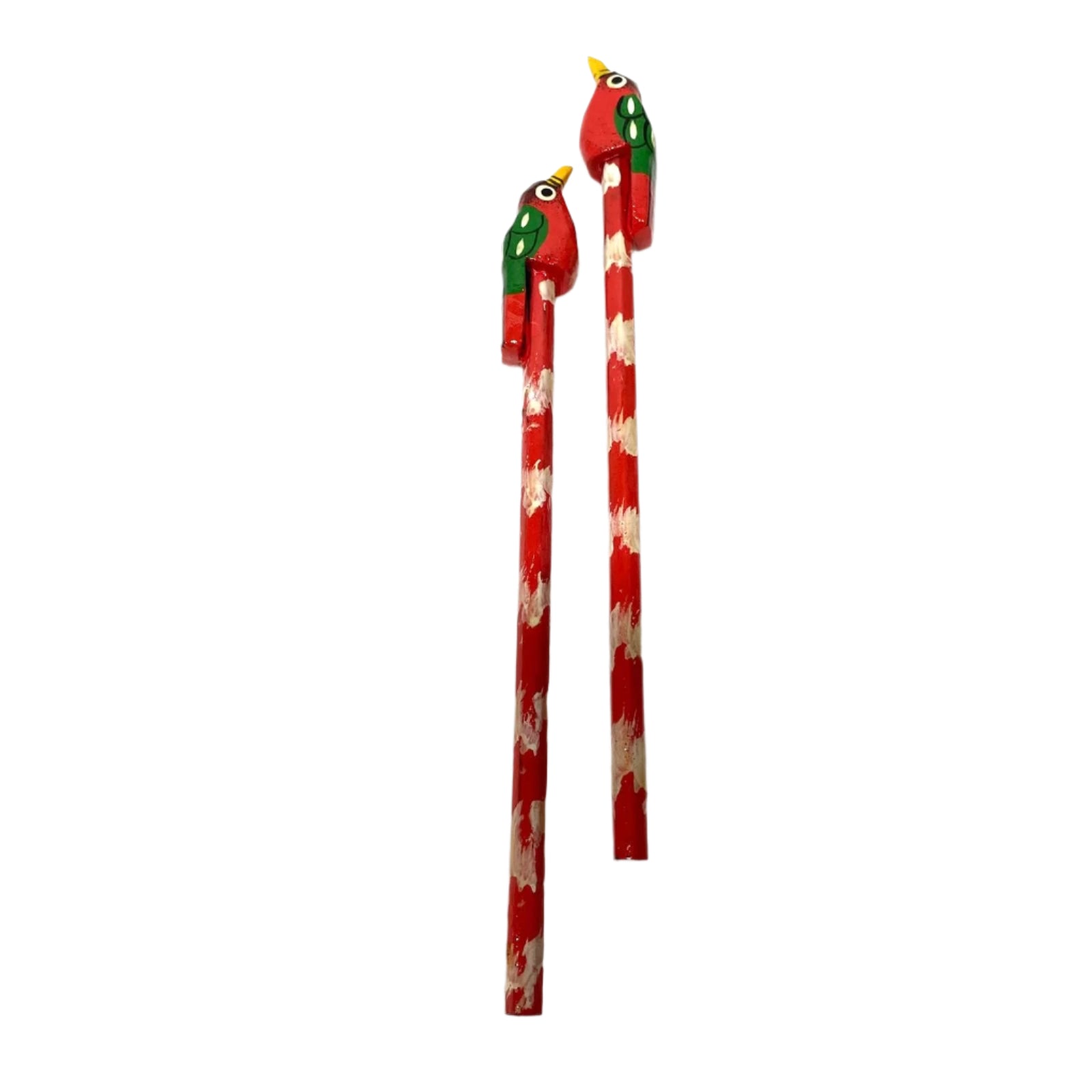 Two red bird-shaped pencils on a white background