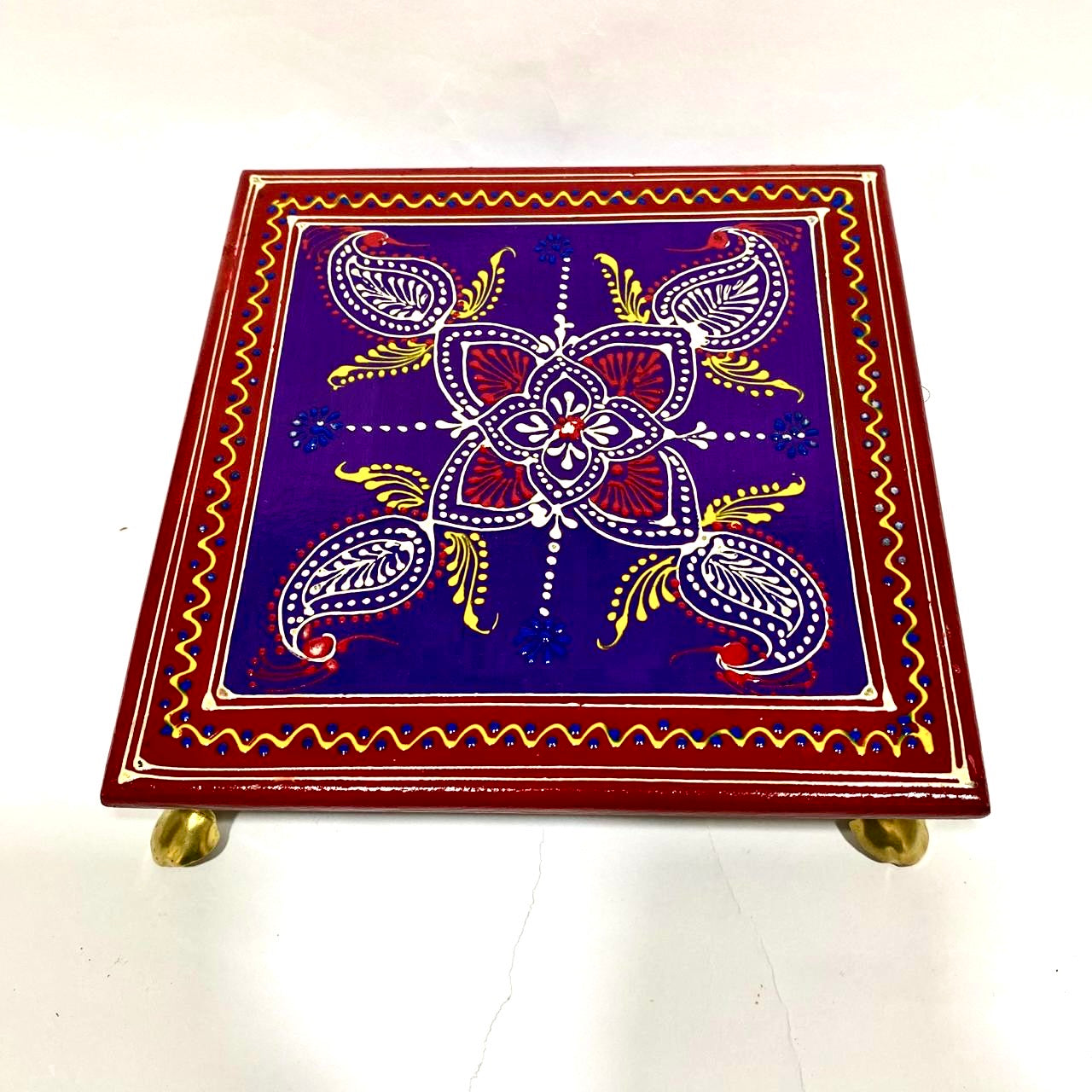 Wooden Hand Painted Chowki Bajoth With Metal Legs Handcrafted By Tamrapatra