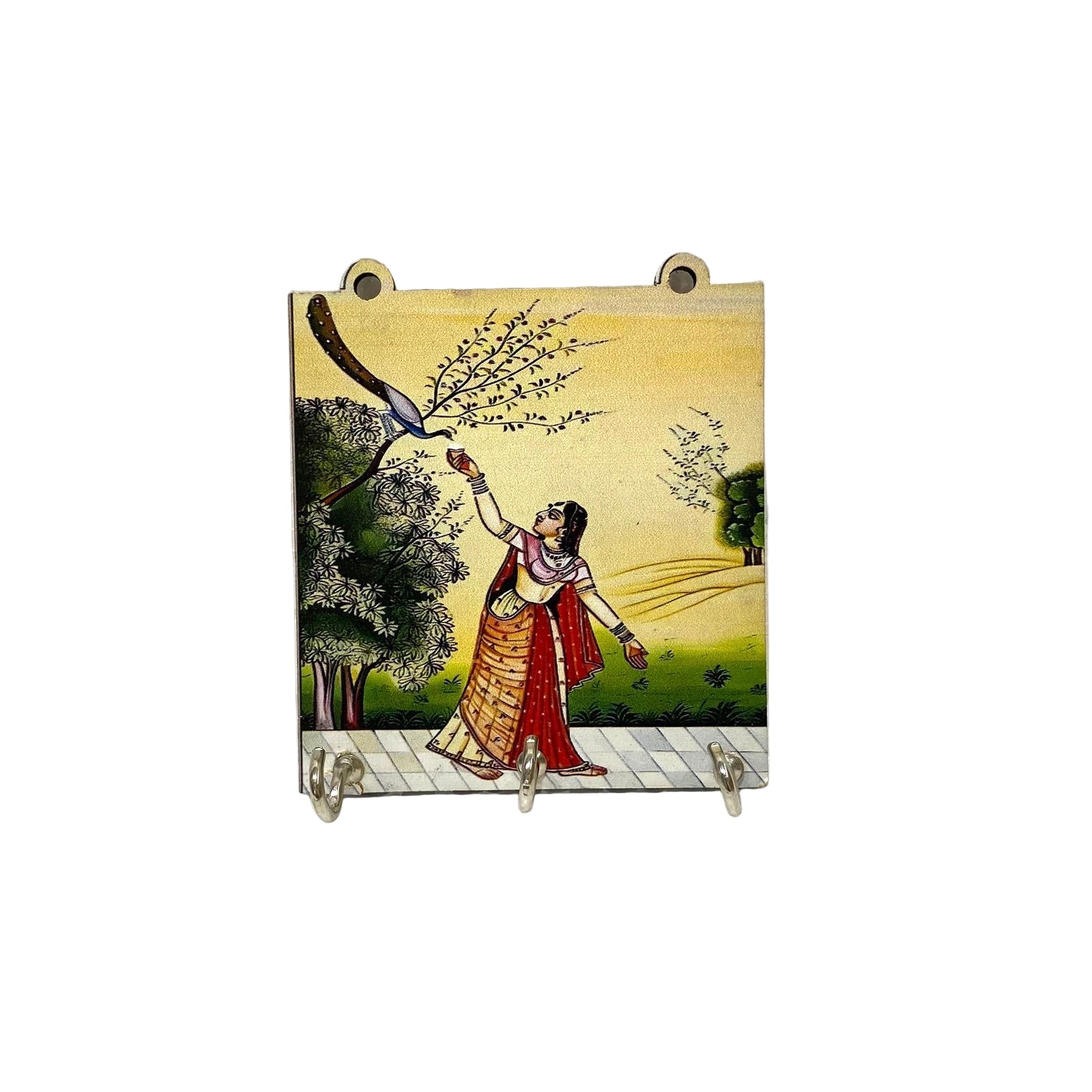 Decorative tile with a woman and bird design on a textured white background