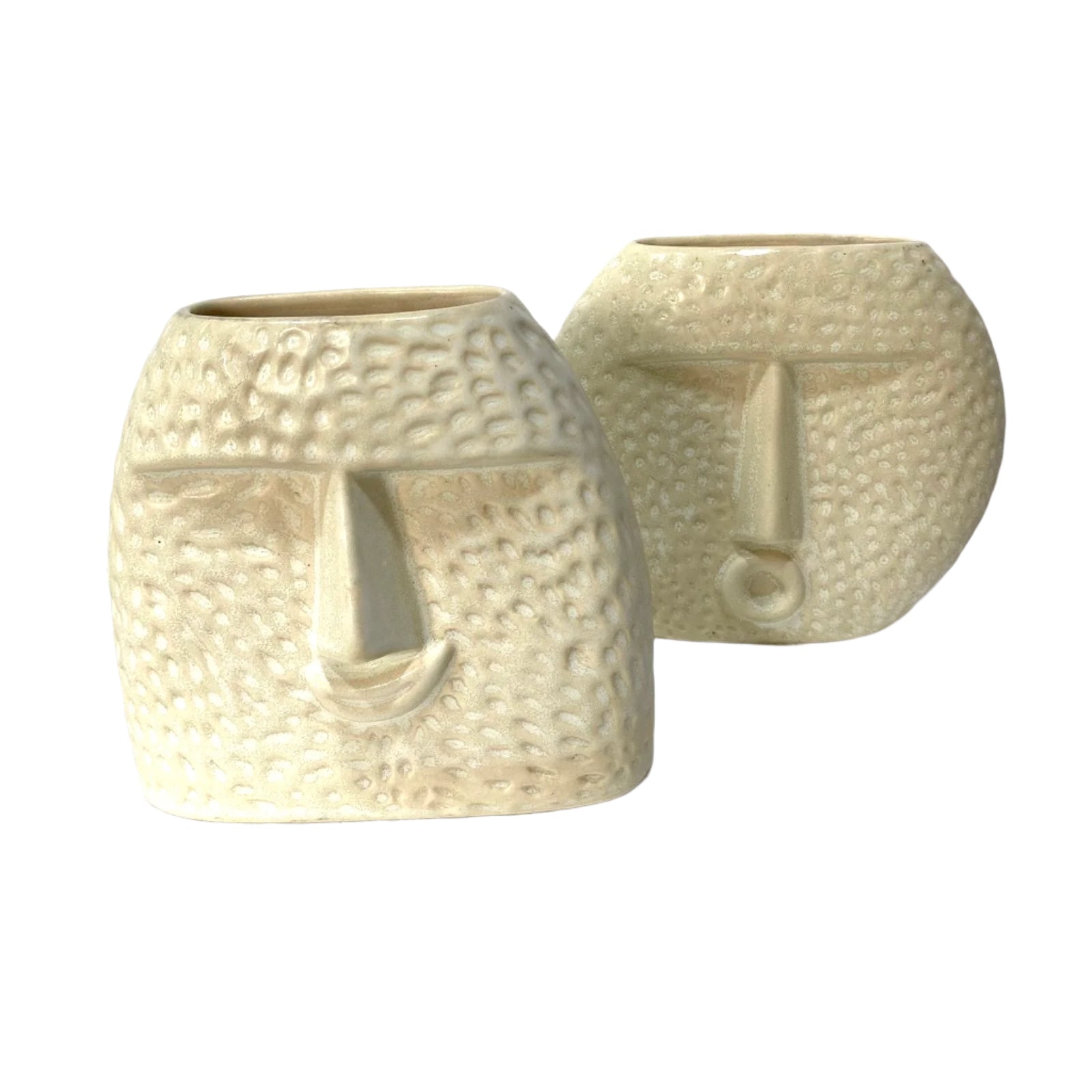 Two textured ceramic vases on a white surface with a white background