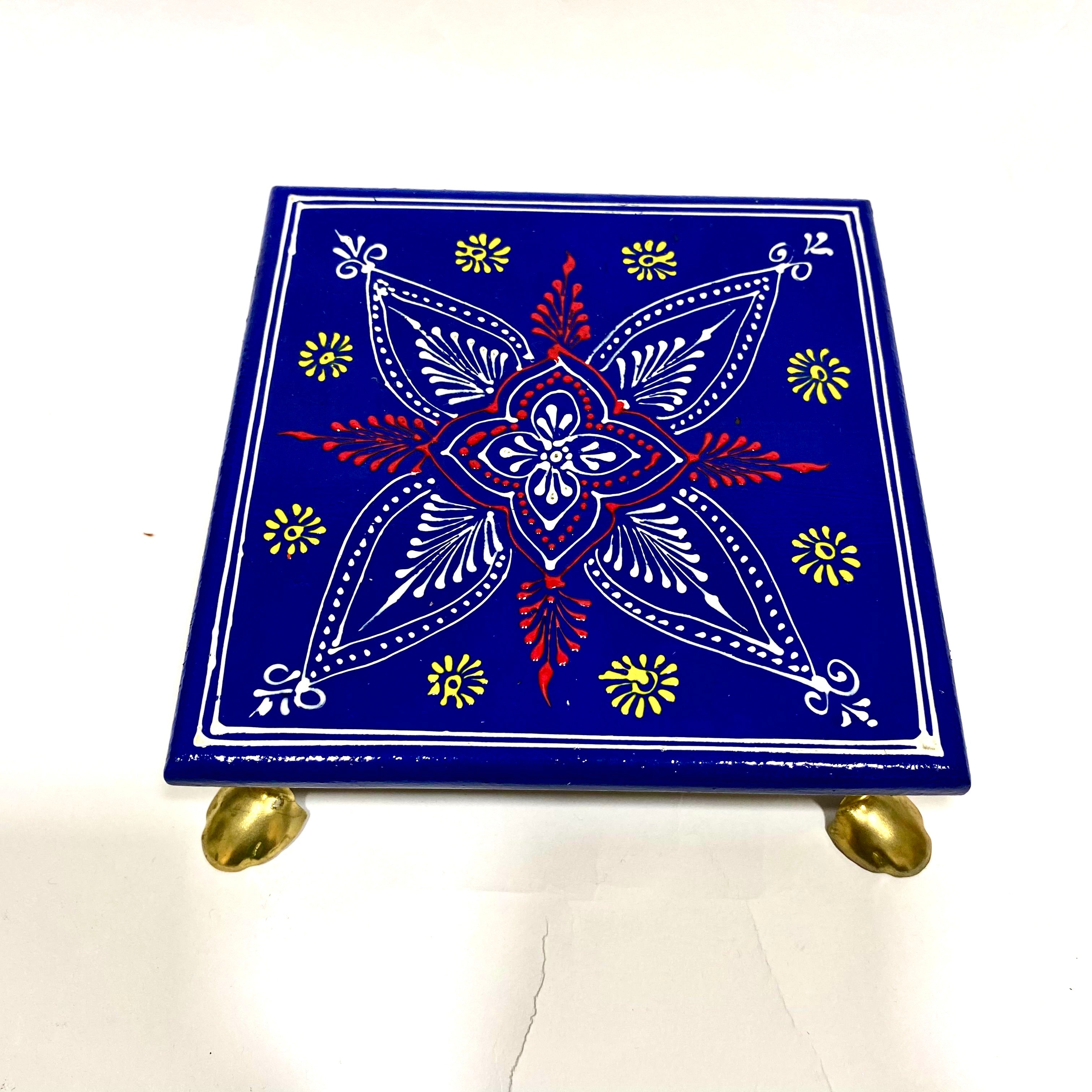 Hand Painted Wooden Bajoth Color With Metal Legs Handcrafted By Tamrapatra