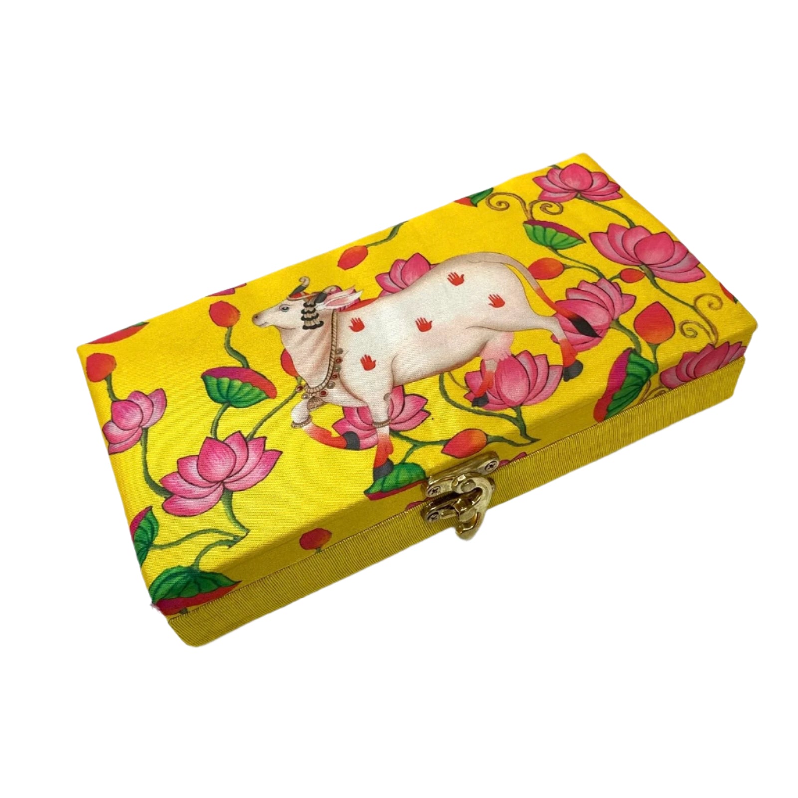 Decorative box with a cow and lotus design on a yellow background