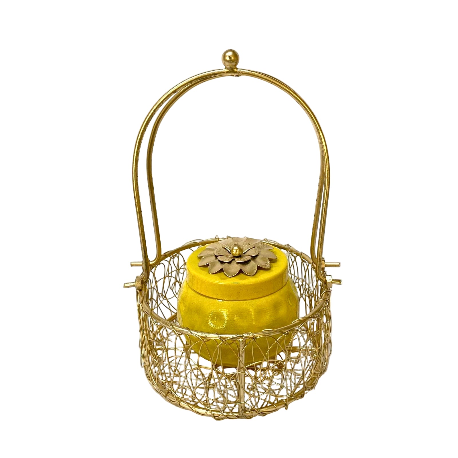 Yellow jar with floral lid in a gold wire basket on a white background