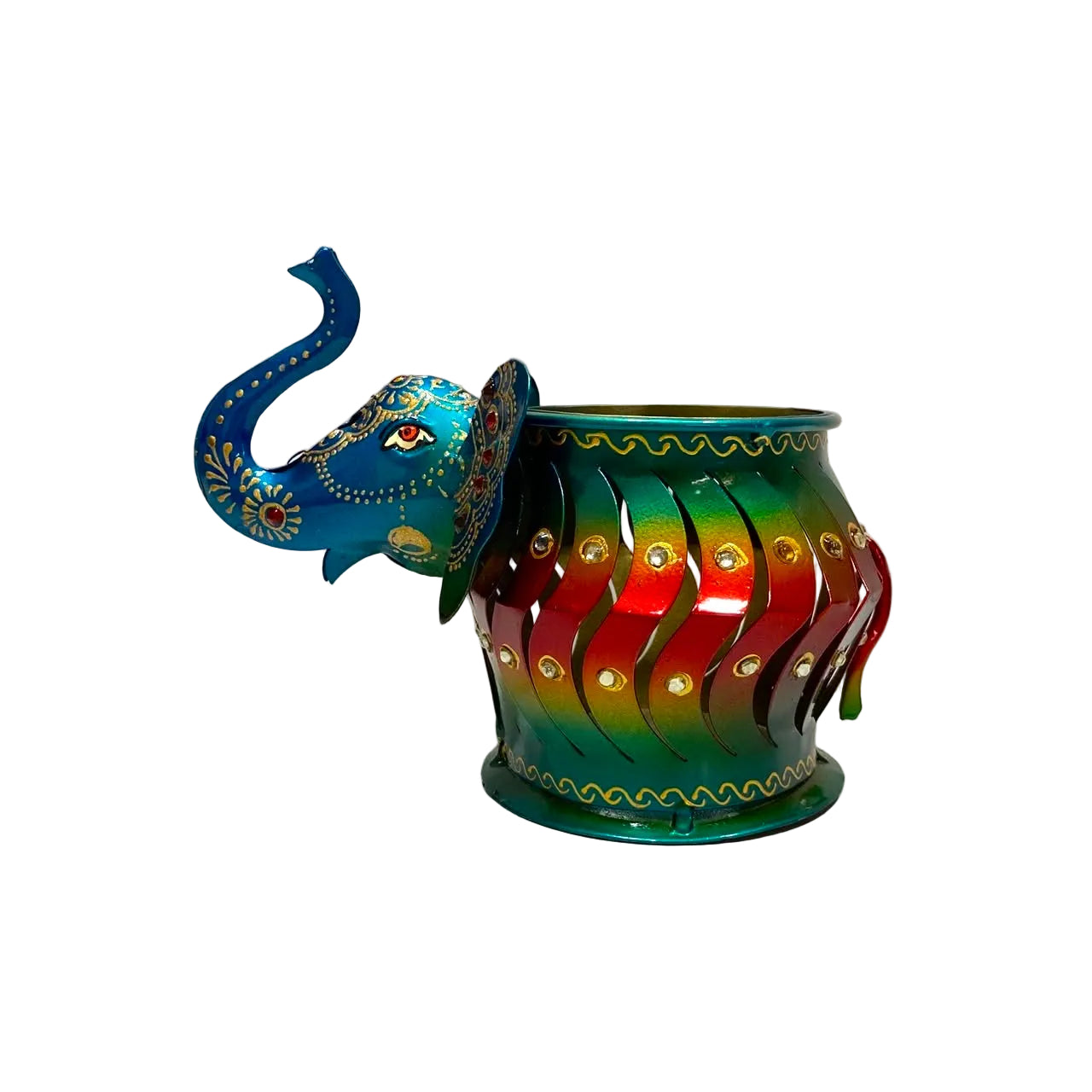 A colorful elephant-shaped decorative cup or planter with a blue trunk and body, decorated with red, yellow, and green gradient patterns and gold metallic accents, set against a plain white background.