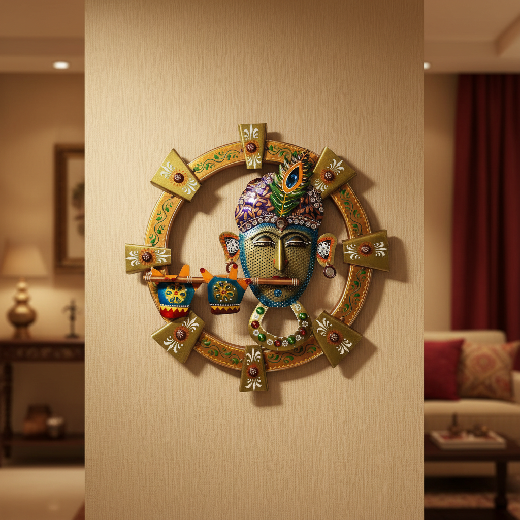 Metal Round Wall Décor Ganesh Krishna Auspicious Gifting's Handcrafted Tamrapatra