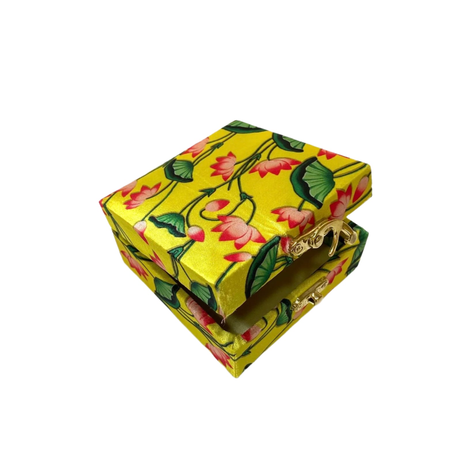 Yellow jewelry box with floral design on a white background