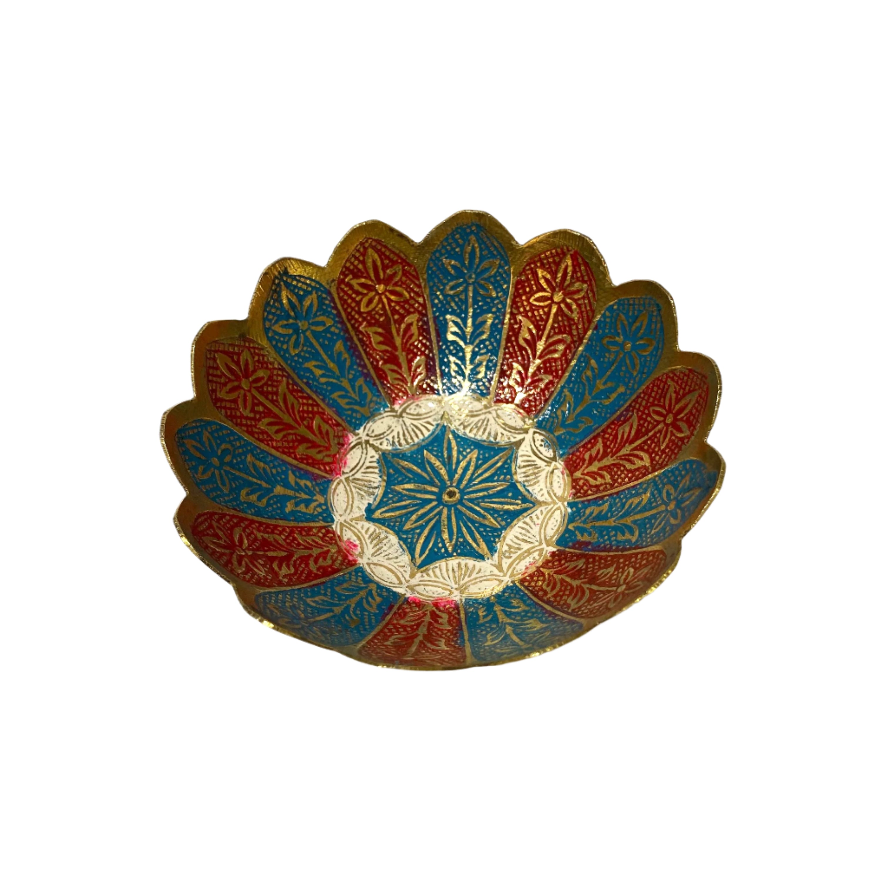 Decorative plate with blue, red, and gold patterns on a white background