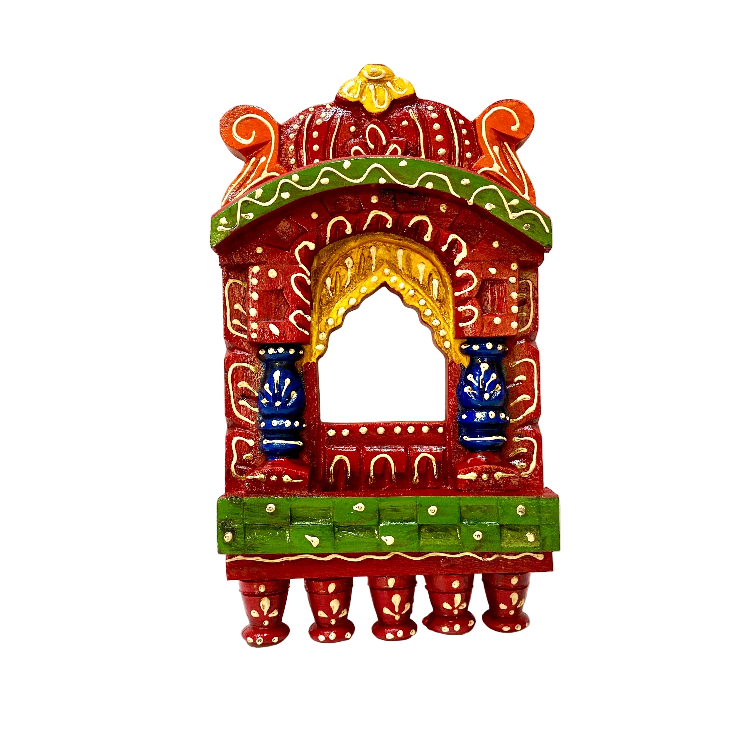 Decorative wooden arch with colorful patterns on a white background