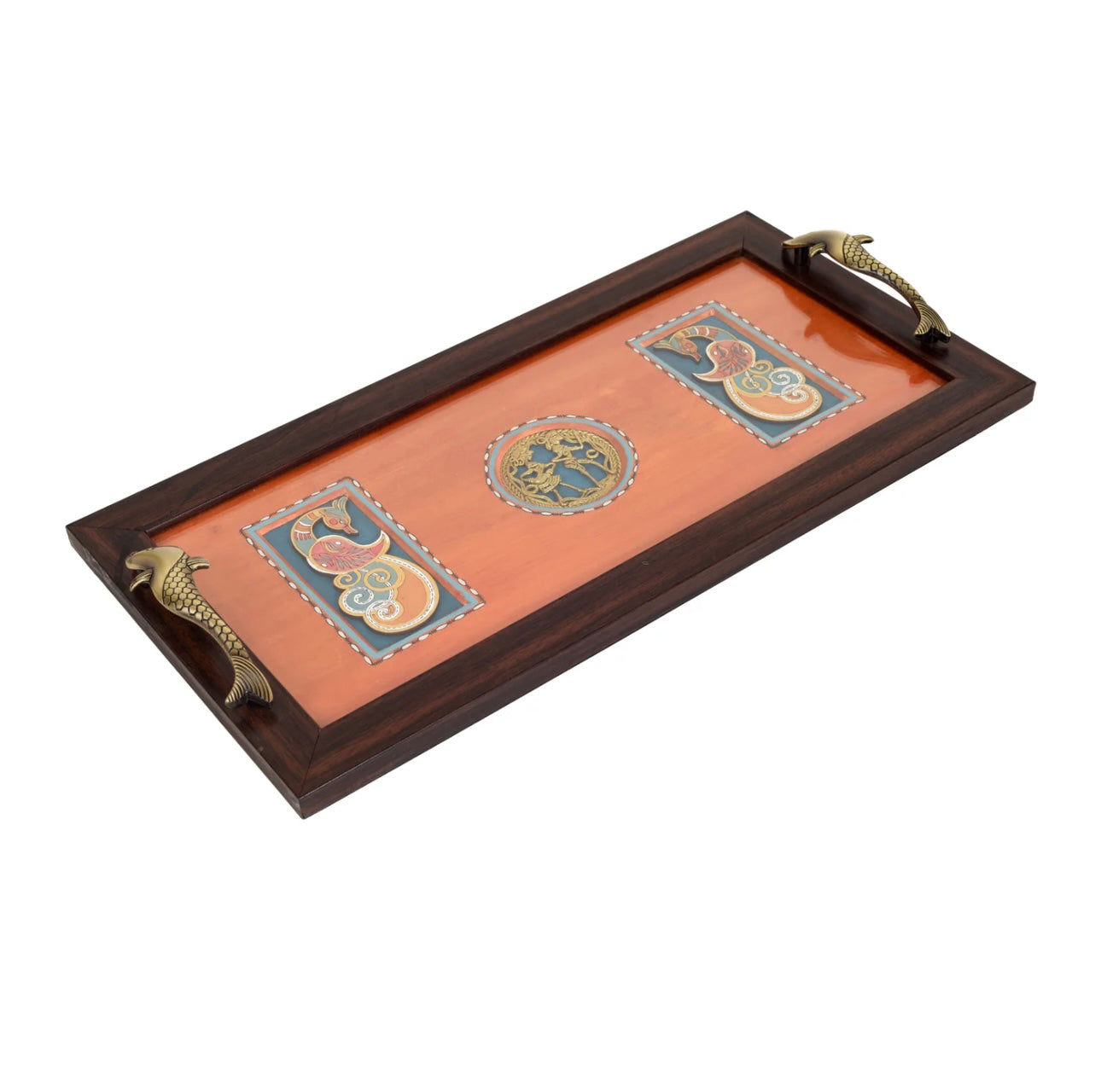 Handcrafted Orange Reddish Peacock Dhokra Wooden Tray Painted By Tamrapatra