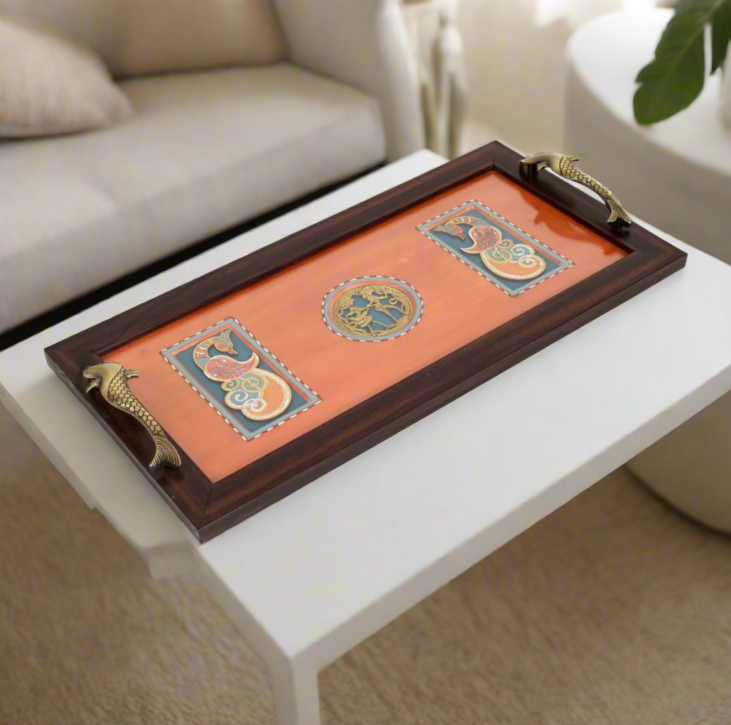 Handcrafted Orange Reddish Peacock Dhokra Wooden Tray Painted By Tamrapatra
