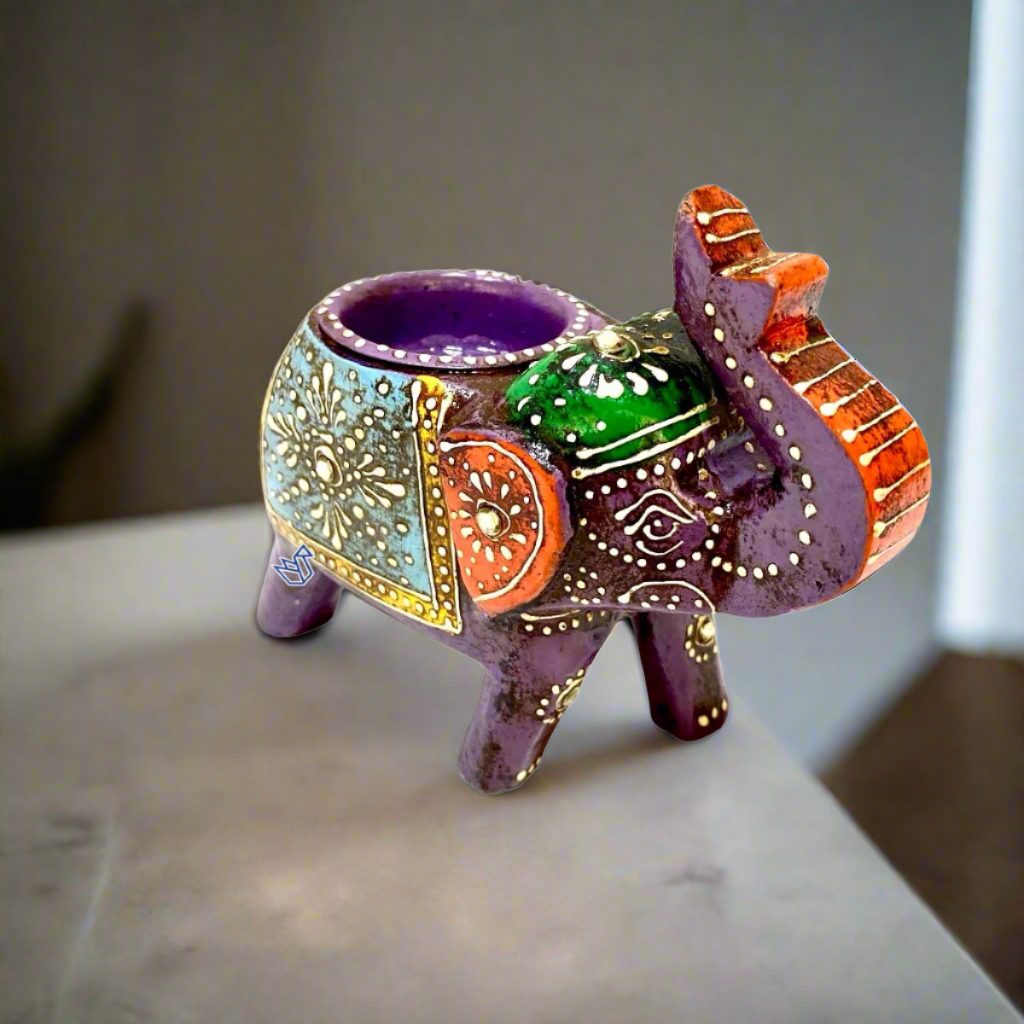 Elephant Tea Light Holder Hand Painted & Carved Wood Collection By Tamrapatra - Tamrapatra
