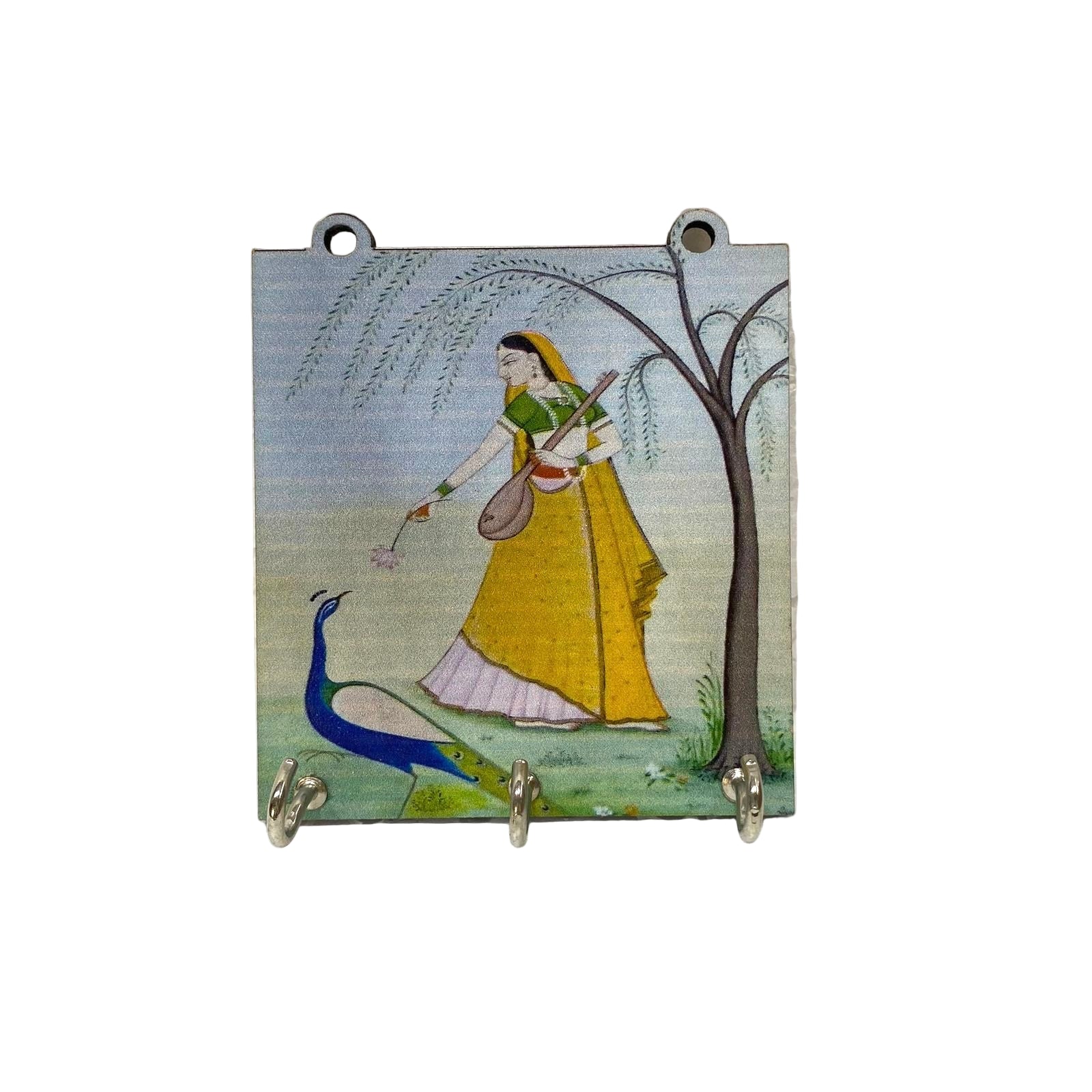 Decorative tile with a woman and peacock design on a textured white background