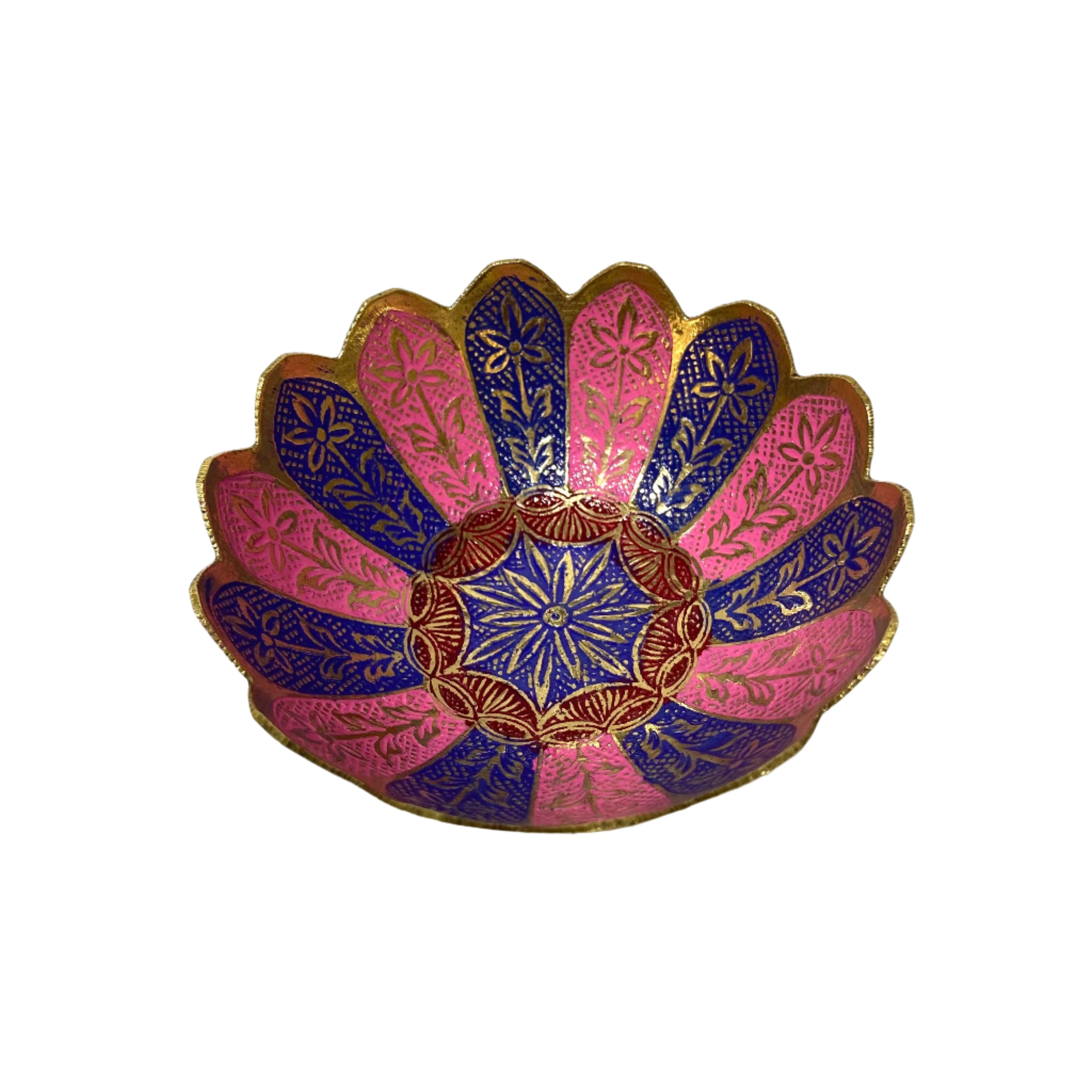 Decorative item with pink and blue patterns on a white background
