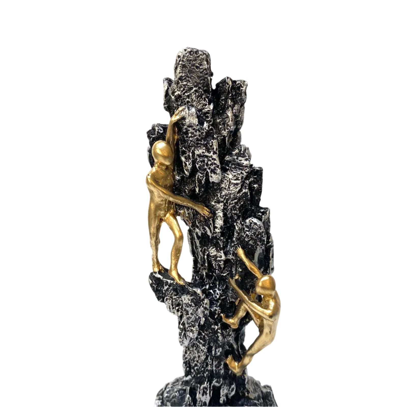 Bronze sculpture of three figures climbing a rocky mountain on a white background