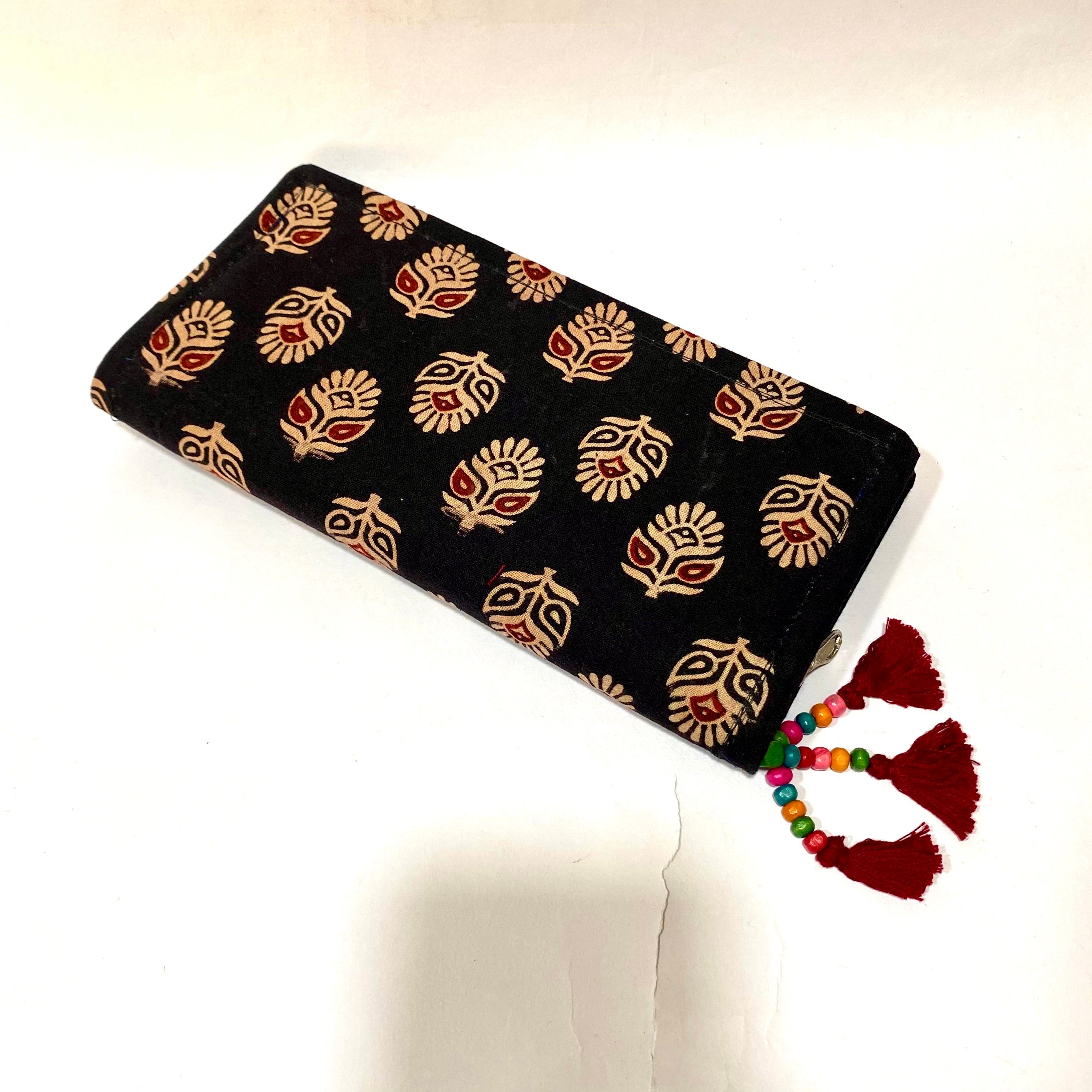 Cotton Embroidery Block Print Purse With Mirrors Styled With Beads By Tamrapatra