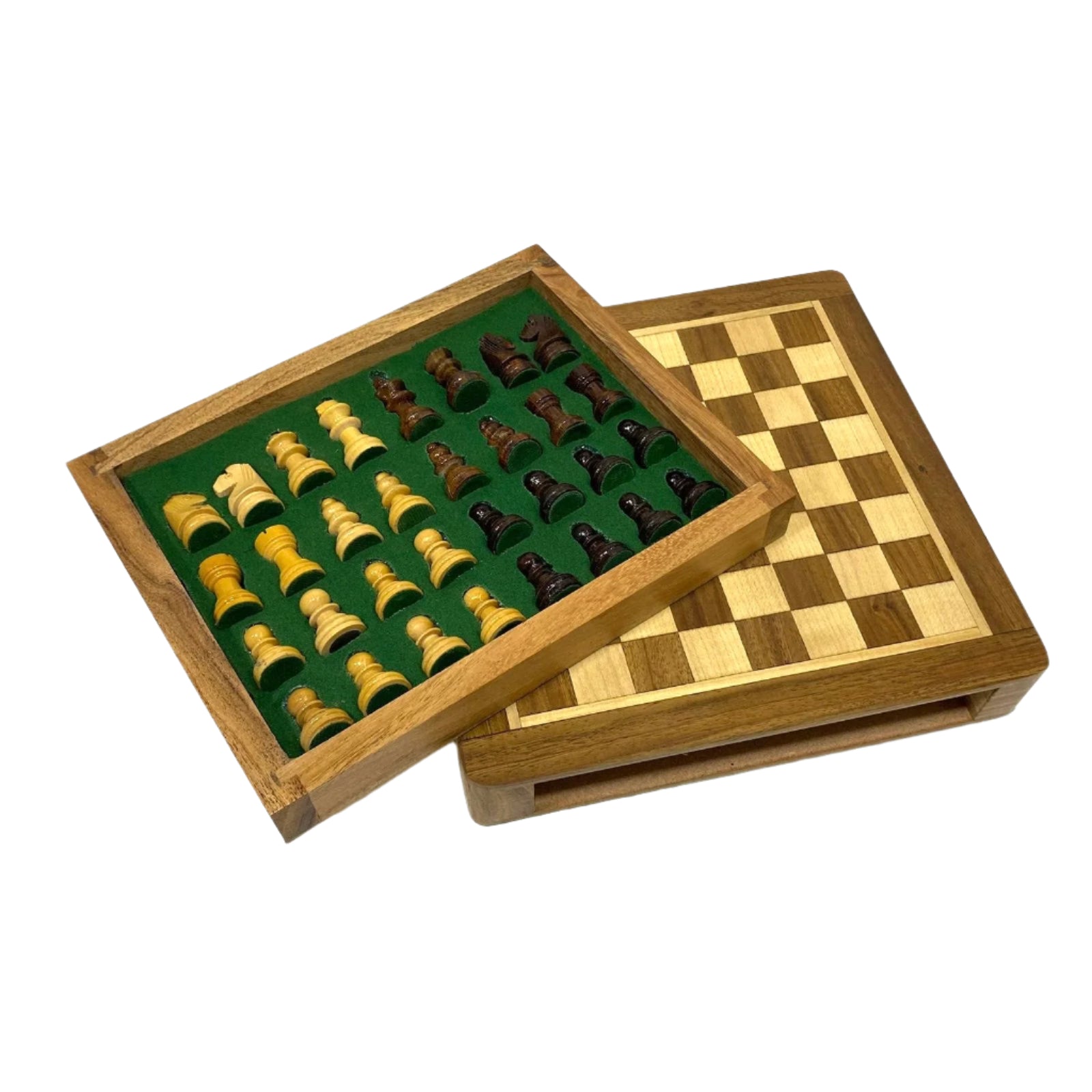 Wooden chess set with pieces and board on a white background