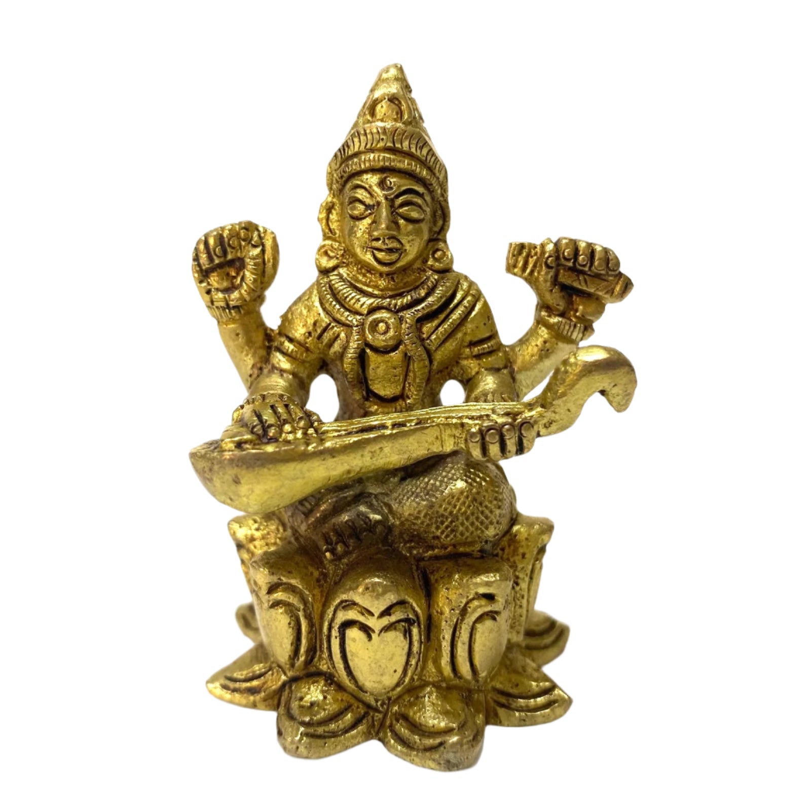 Gold-colored statue of a deity playing a musical instrument on a white background
