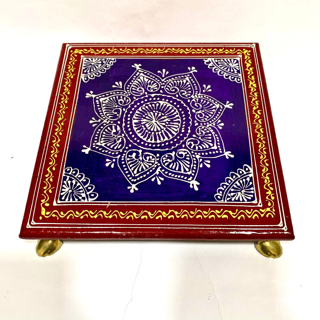 Wooden Hand Painted Chowki Bajoth With Metal Legs Handcrafted By Tamrapatra