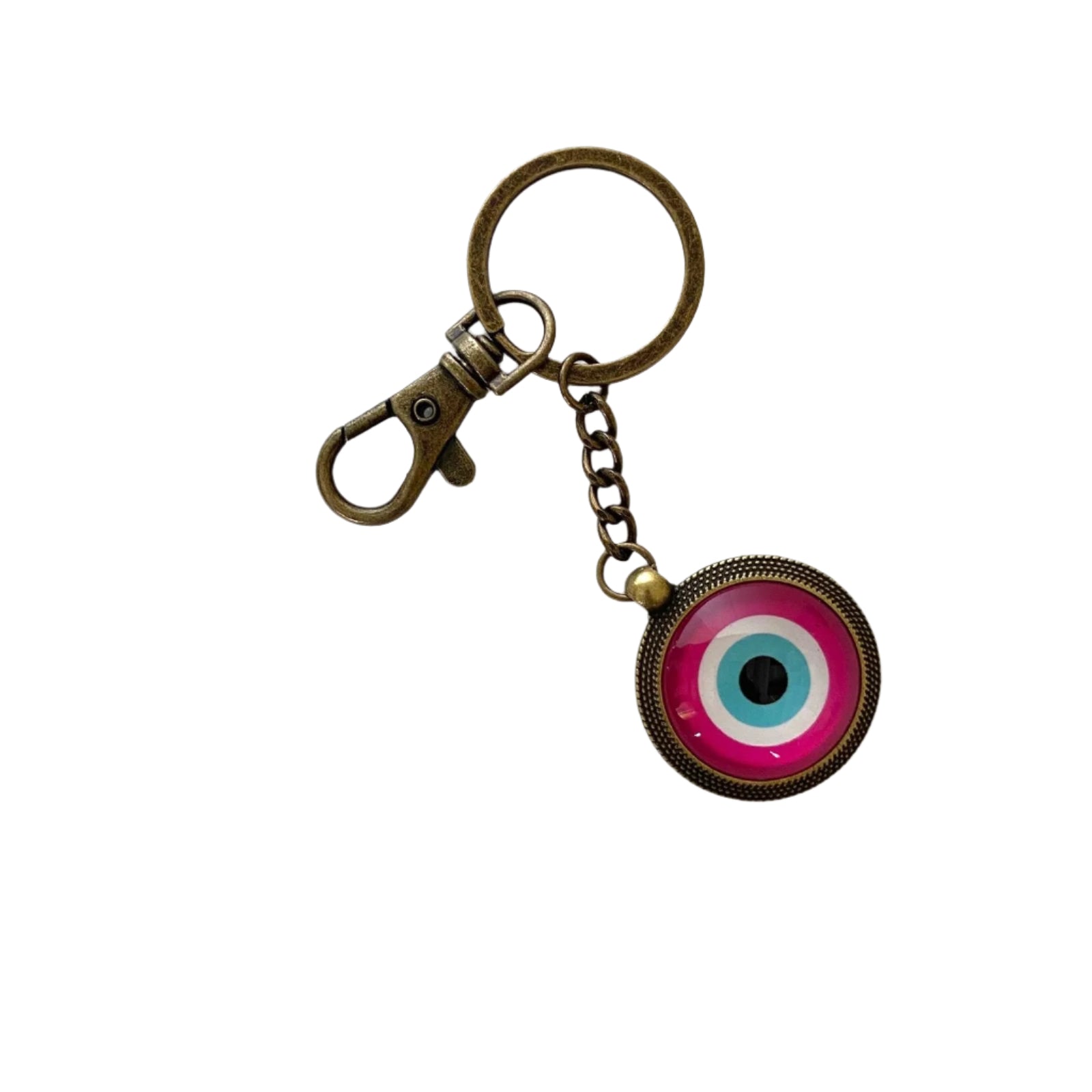 Keychain with a circular design featuring a pink and blue eye on a white textured background