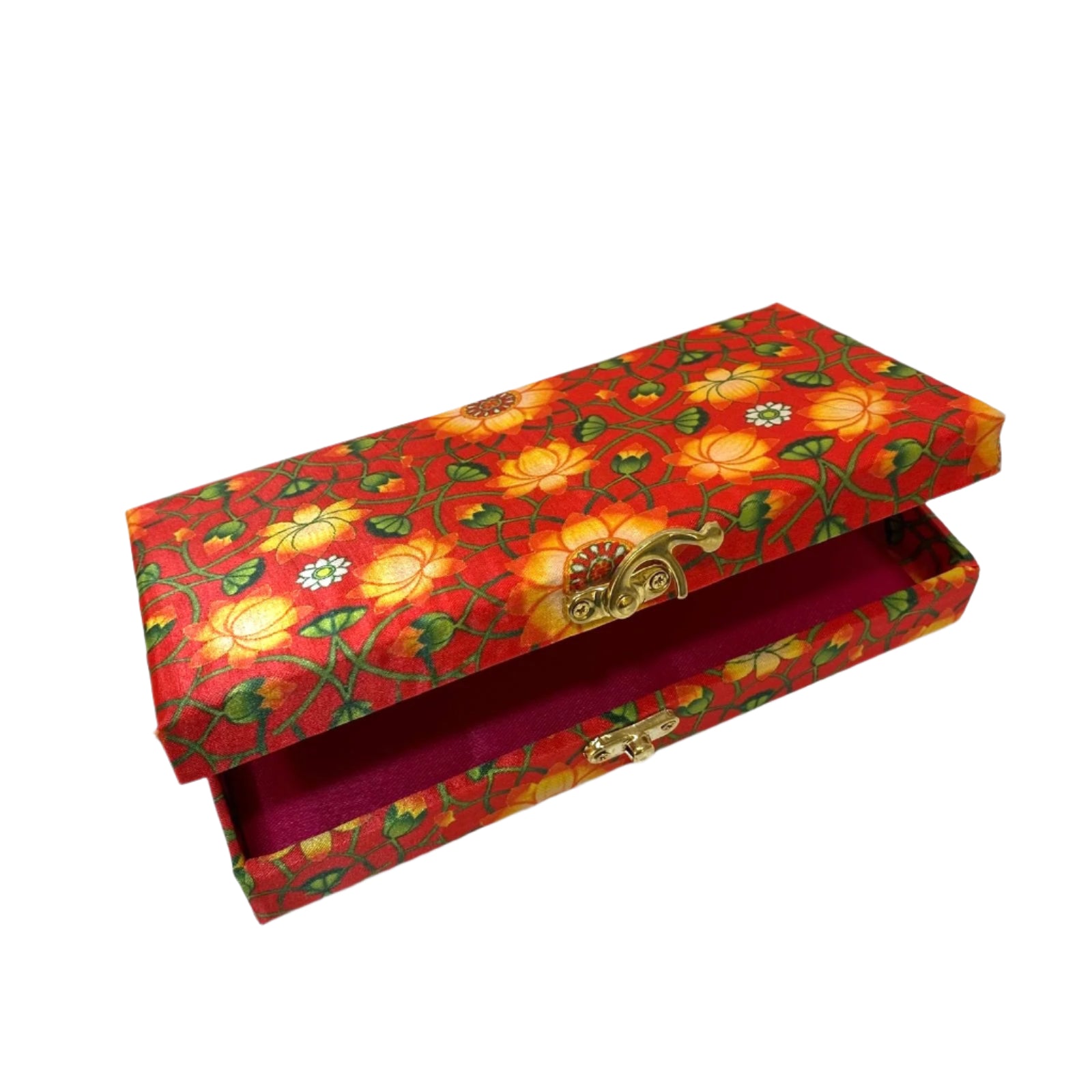 Decorative box with floral patterns on a textured white surface