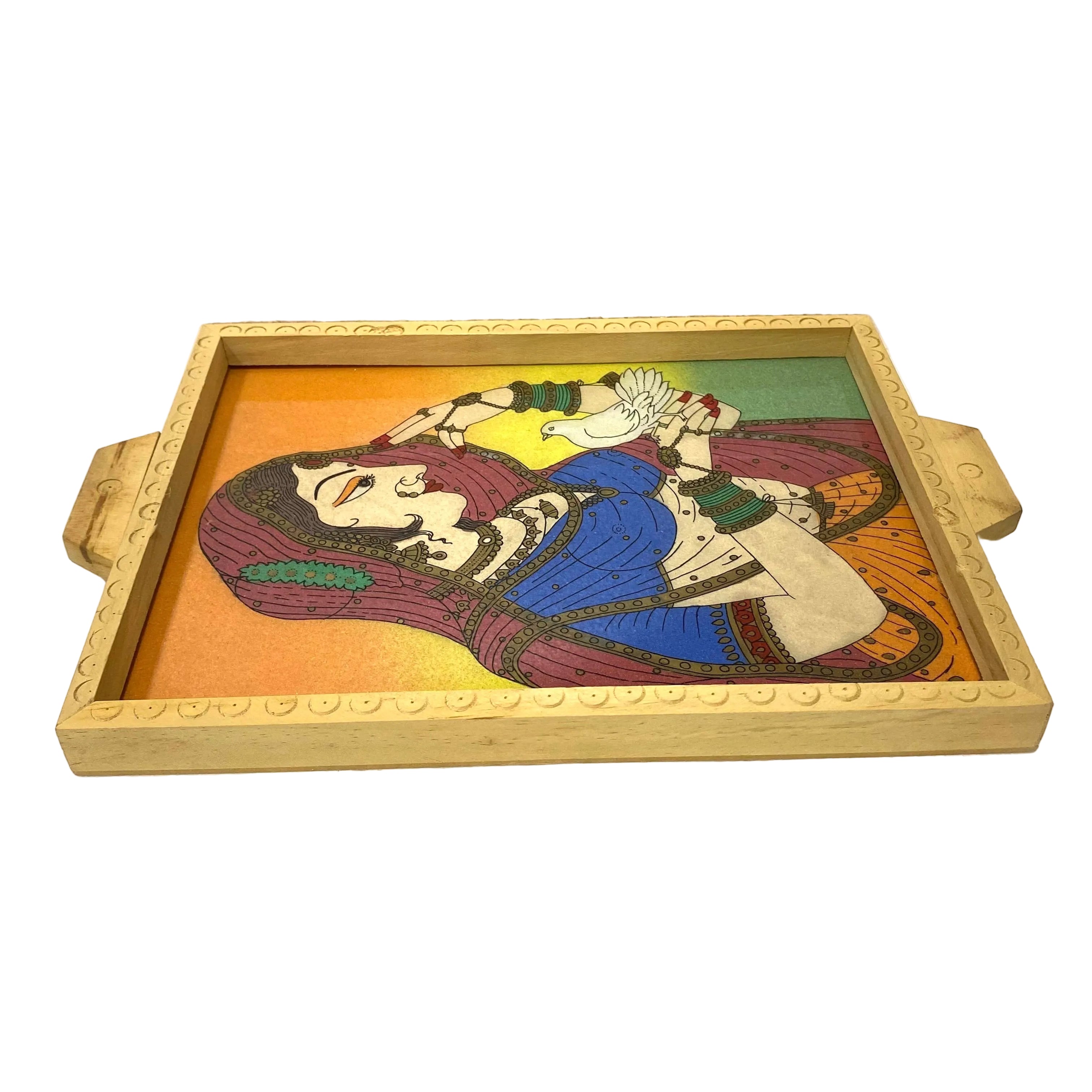 Decorative tray with artistic design on a white surface