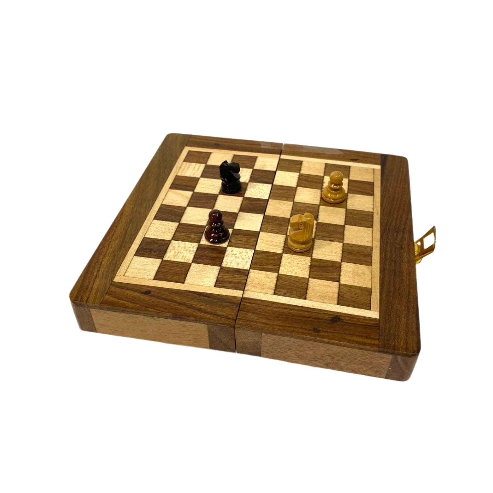 Wooden chessboard with pieces on a white background