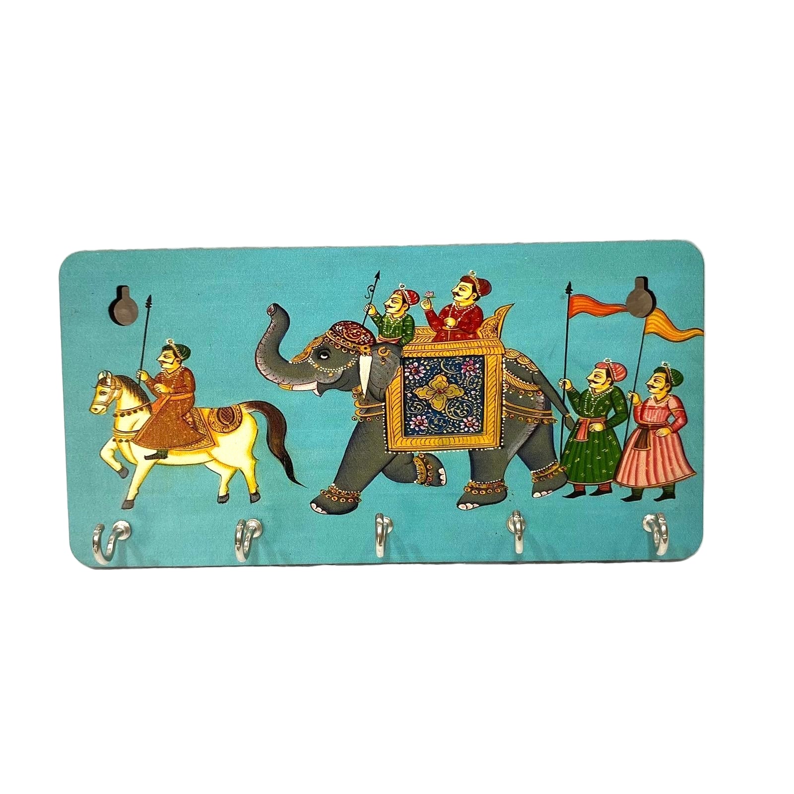Decorative wall hook with elephant and rider design on a light blue background