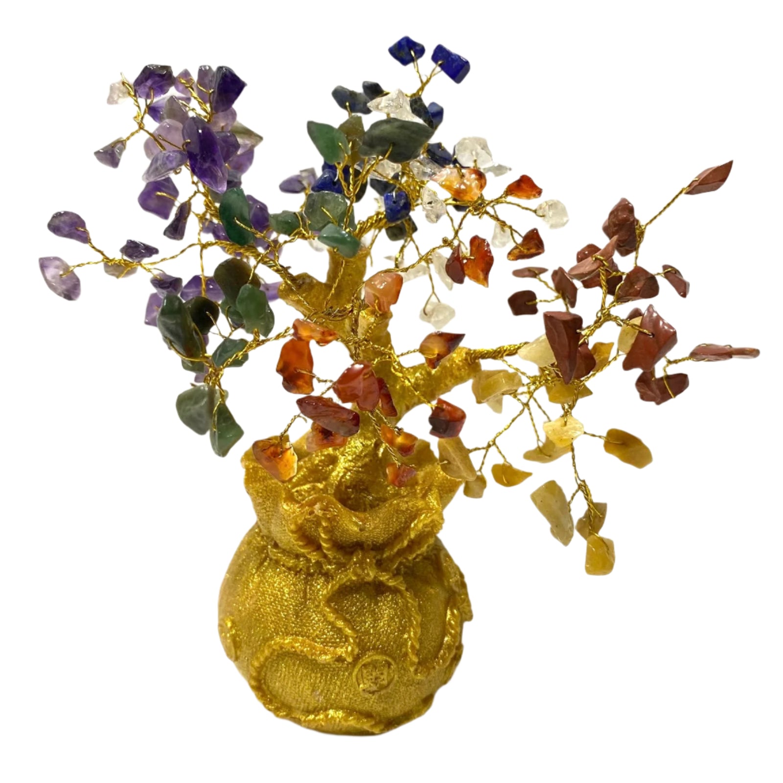 Decorative crystal tree with multicolored stones in a gold pot on a white background