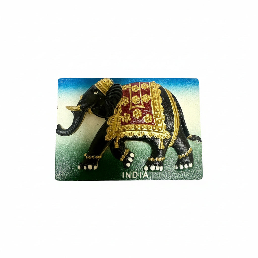 Decorative elephant magnet with 'India' text on a white background