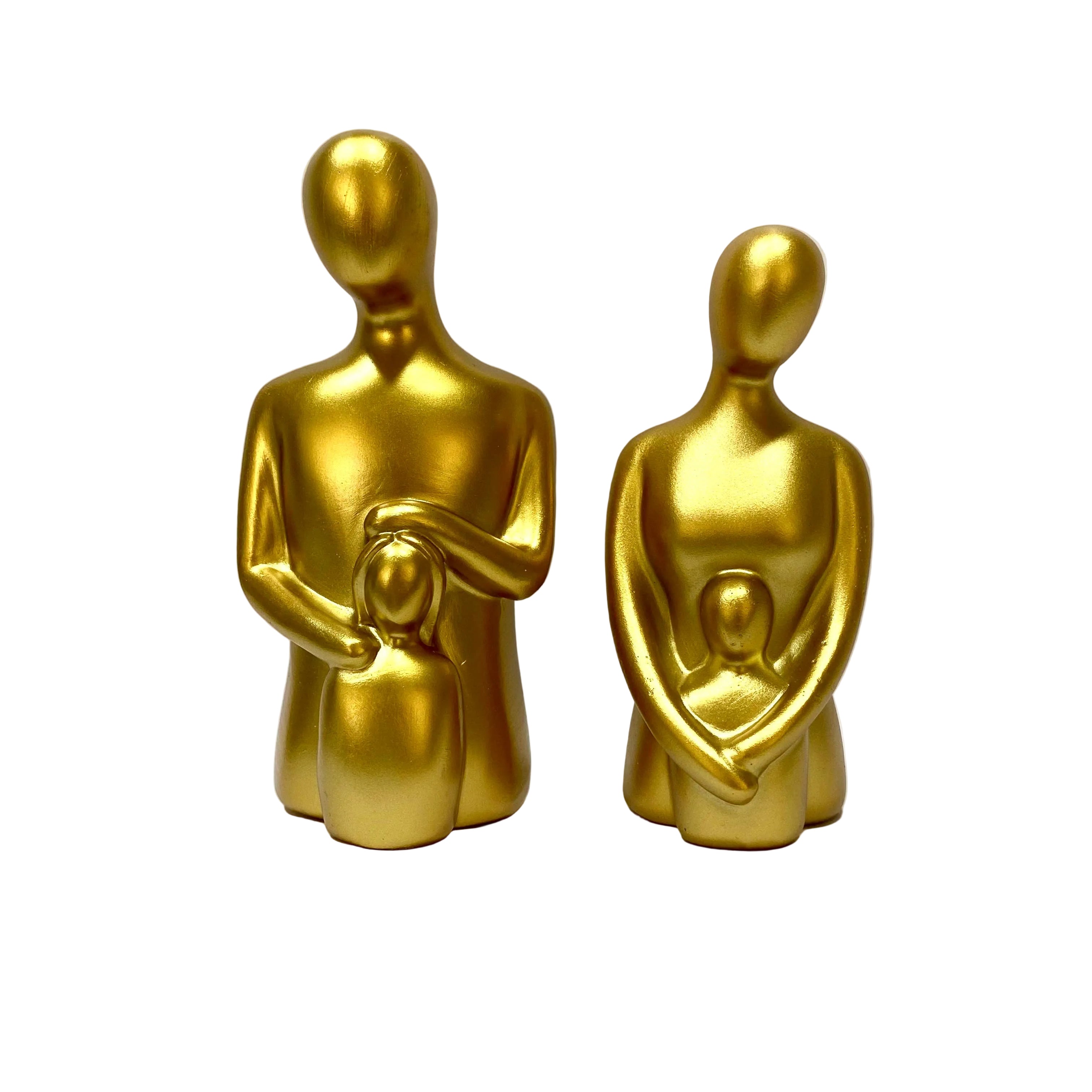 Two gold-colored human figure sculptures on a white background