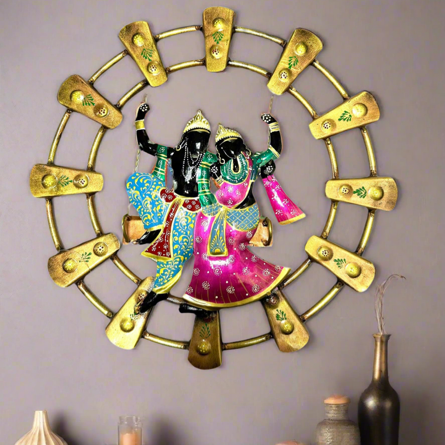 Radha Krishna Jhula Swing In Attractive Shades Round Metal Wall Art By Tamrapatra - Tamrapatra