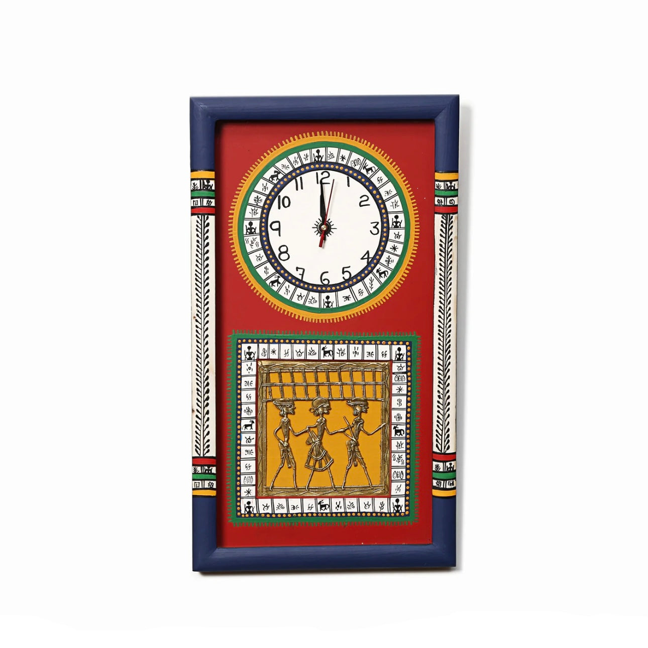 Premium Wall Clock Yellow & Blue Dhokra Warli Designed With Glass By Tamrapatra
