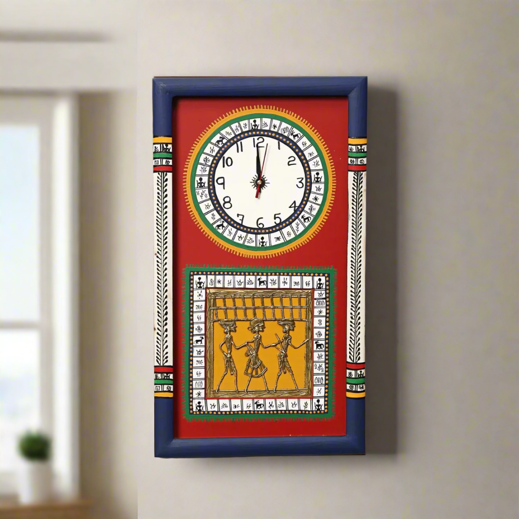 Premium Wall Clock Yellow & Blue Dhokra Warli Designed With Glass By Tamrapatra