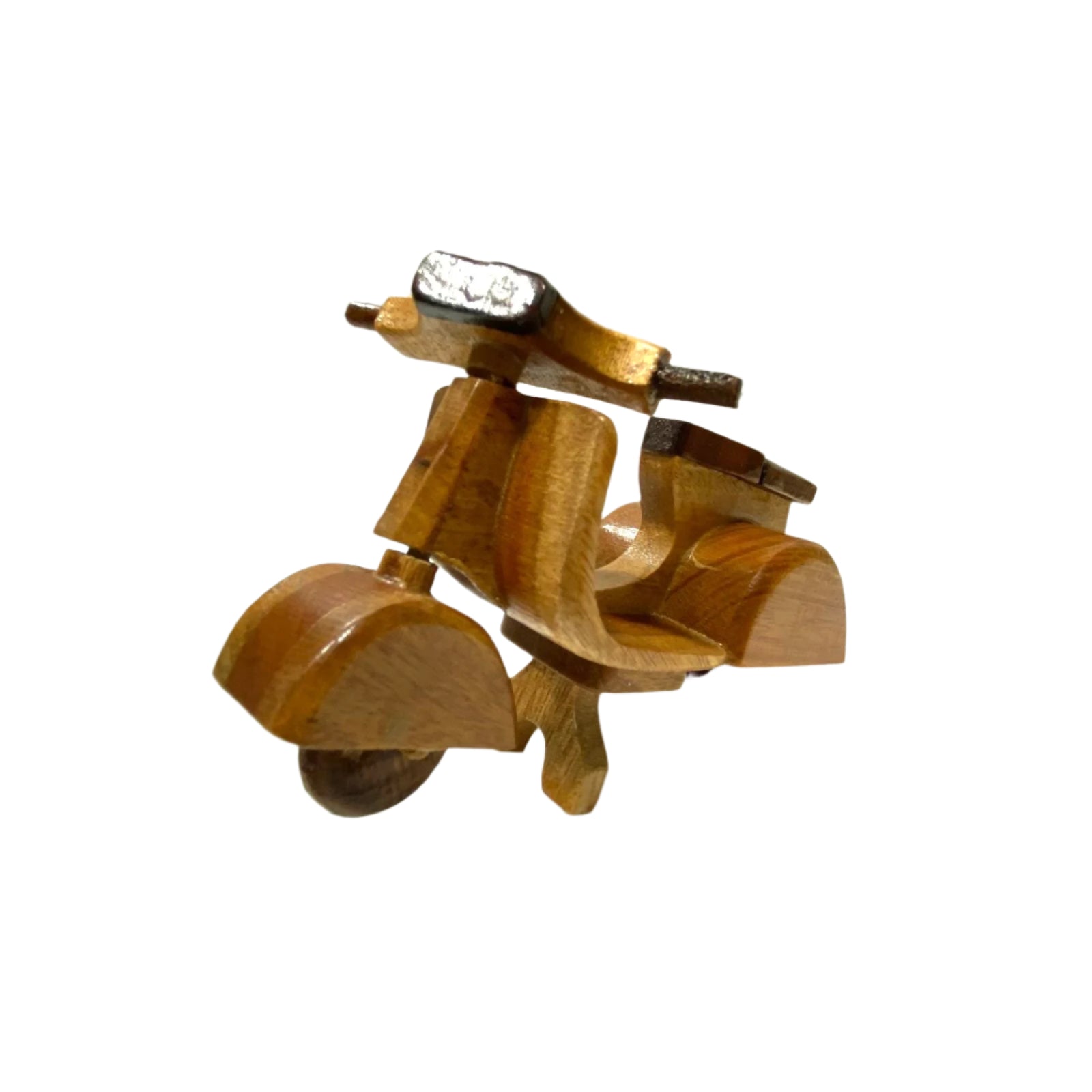 Wooden model of a scooter on a white surface with a light gray background