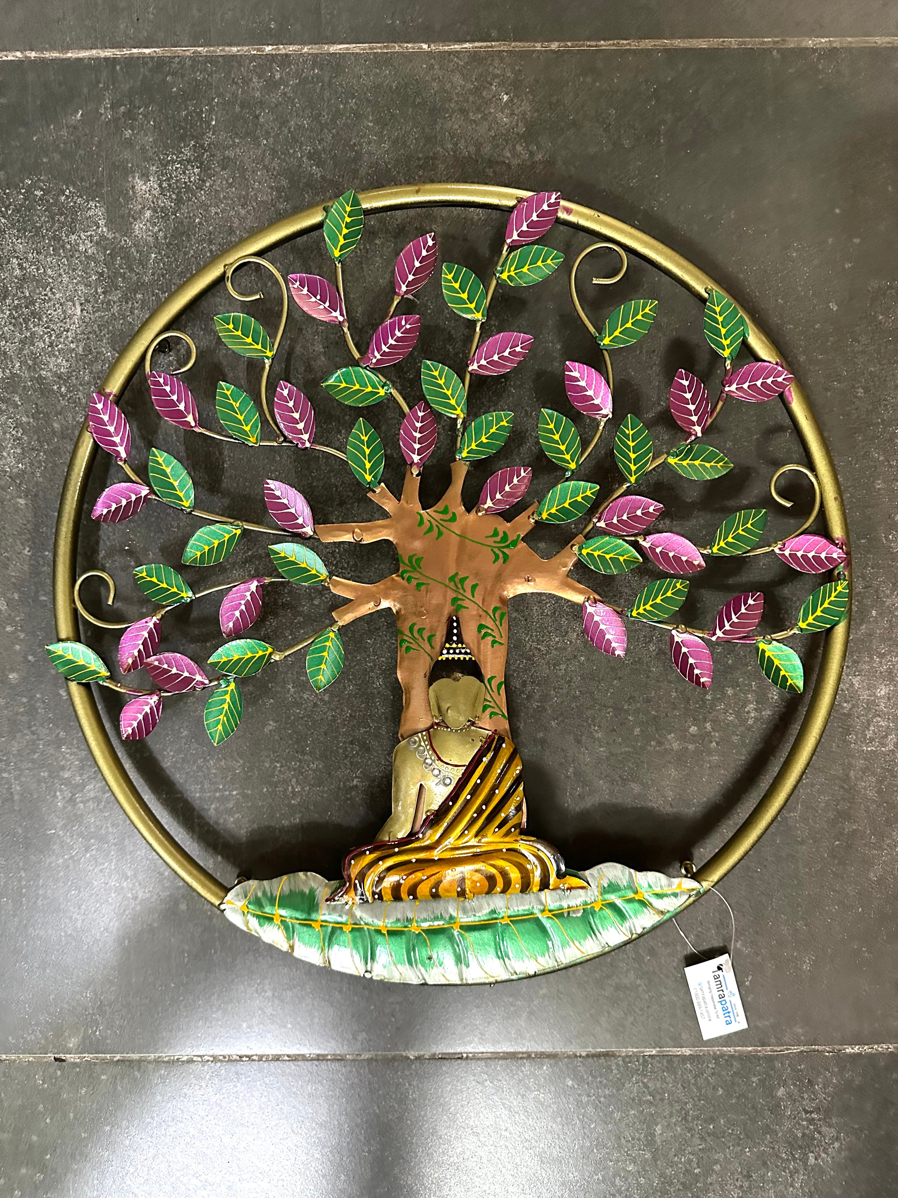 Buddha Krishna Sitting Under Tree Metal Art Wall Hangings Round Design Tamrapatra