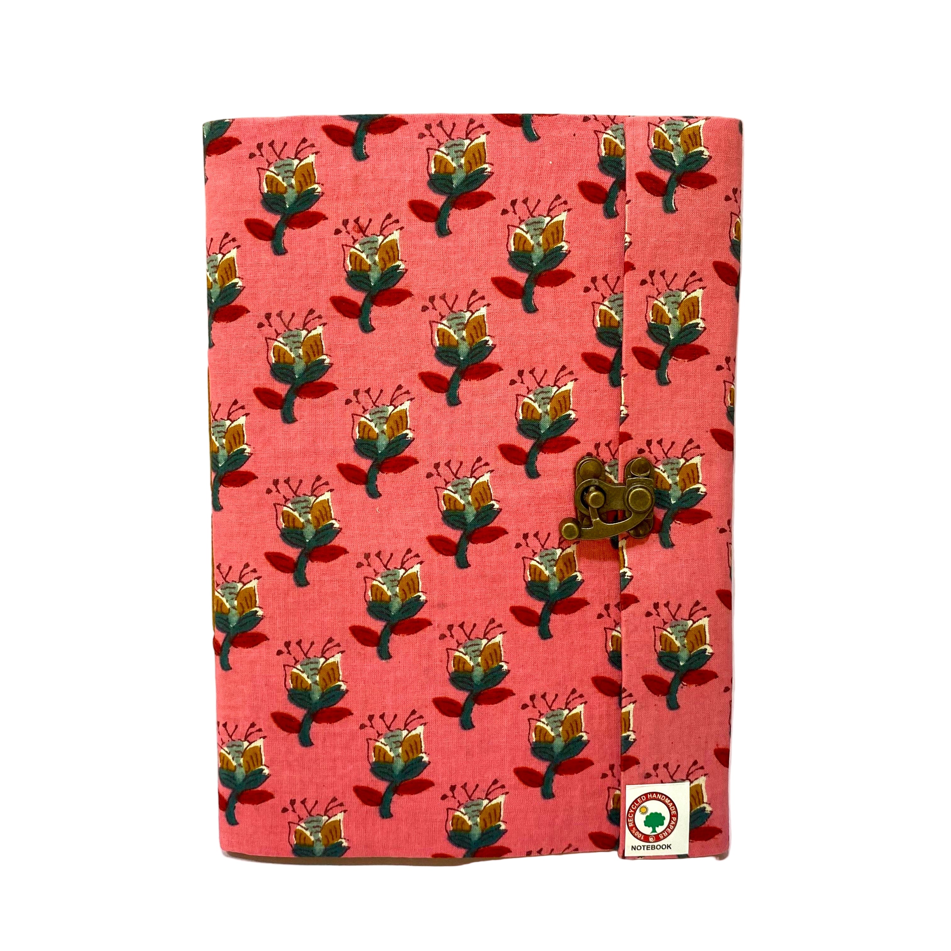 Red notebook with floral pattern and lock on a white background