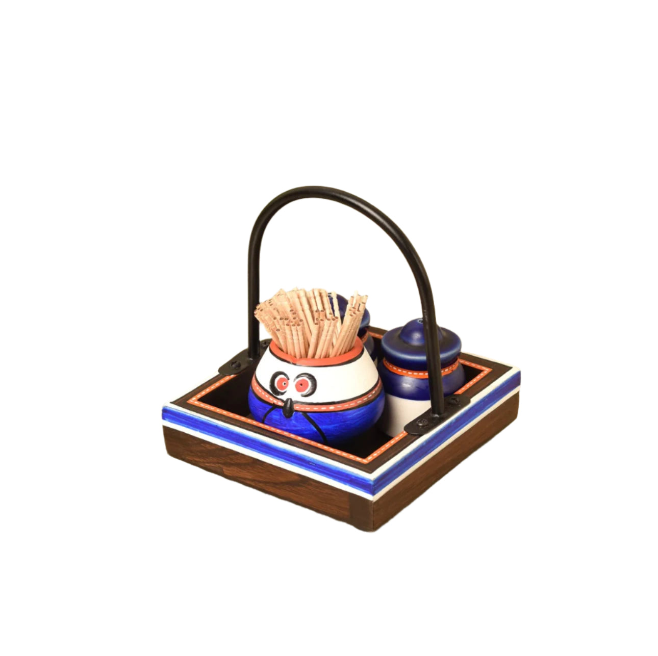 Salt Pepper With Toothpick Holder & Tray Handcrafted Wooden Painted By Tamrapatra