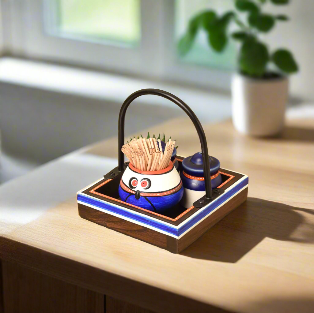 Salt Pepper With Toothpick Holder & Tray Handcrafted Wooden Painted By Tamrapatra