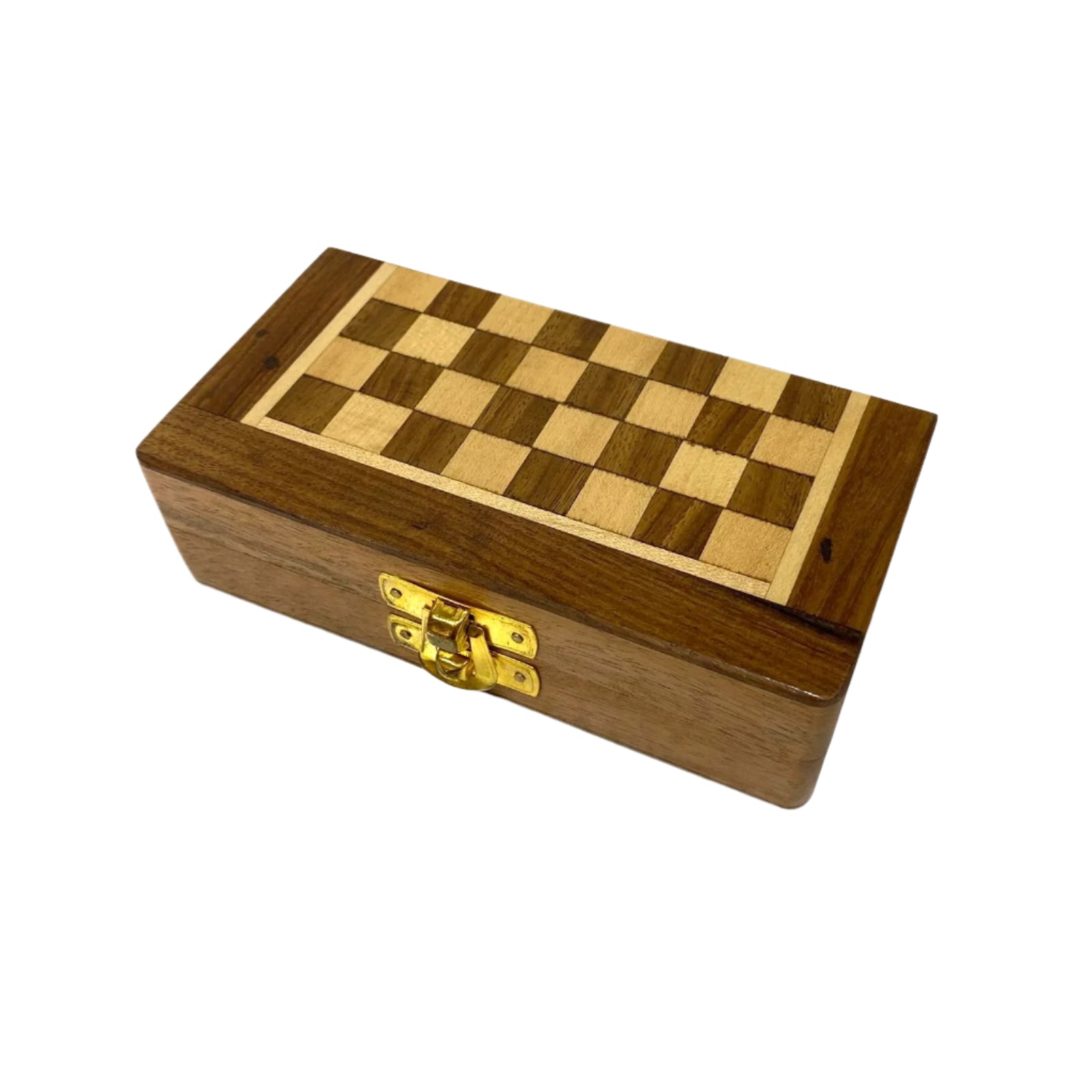 Wooden chess box with checkered top on a white background