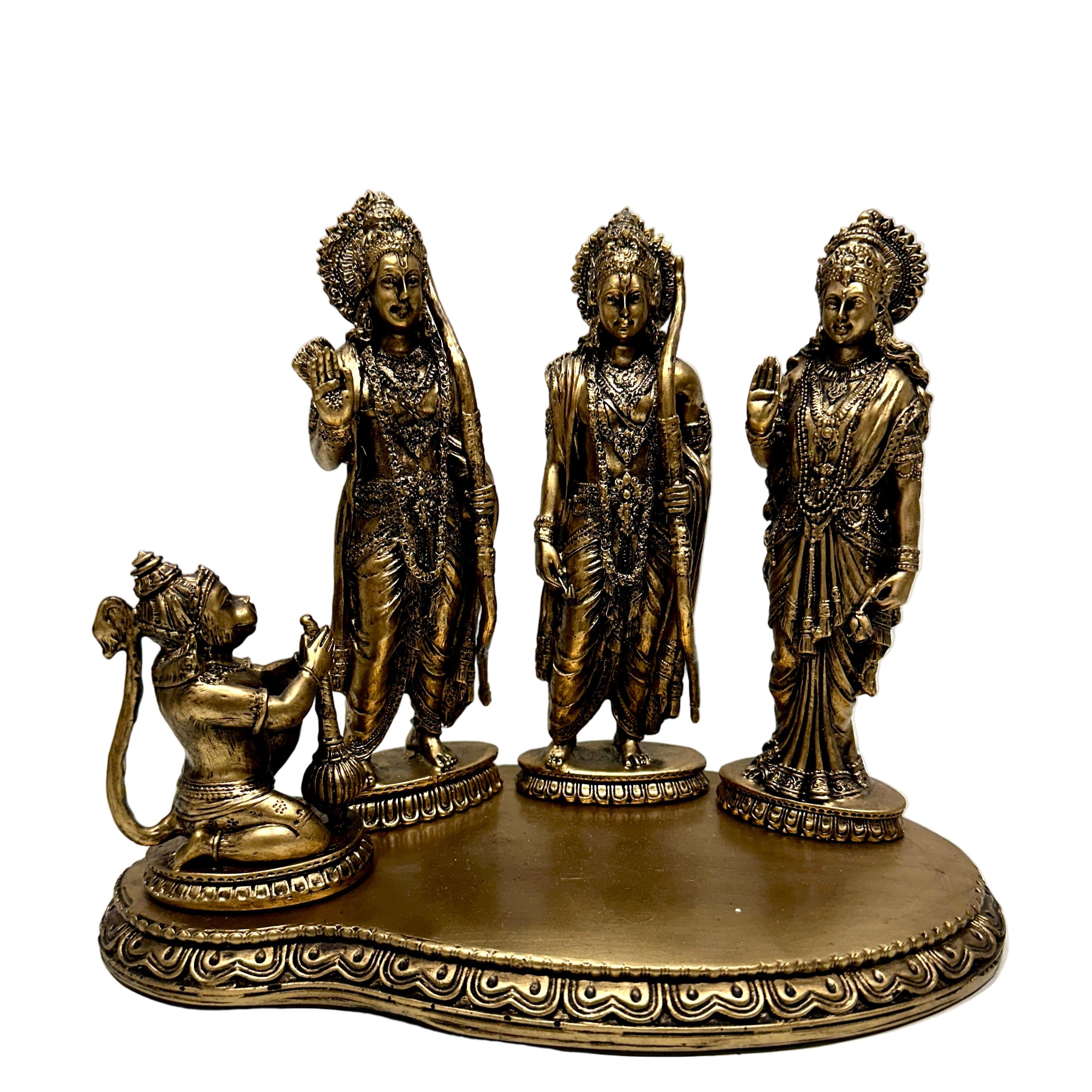Bronze statue of three figures on a decorative base against a white background
