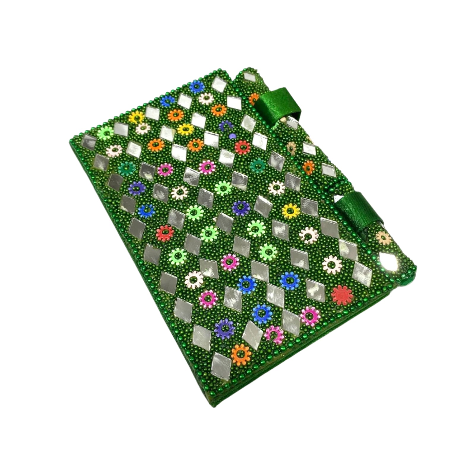 Green beaded clutch with floral patterns on a white background