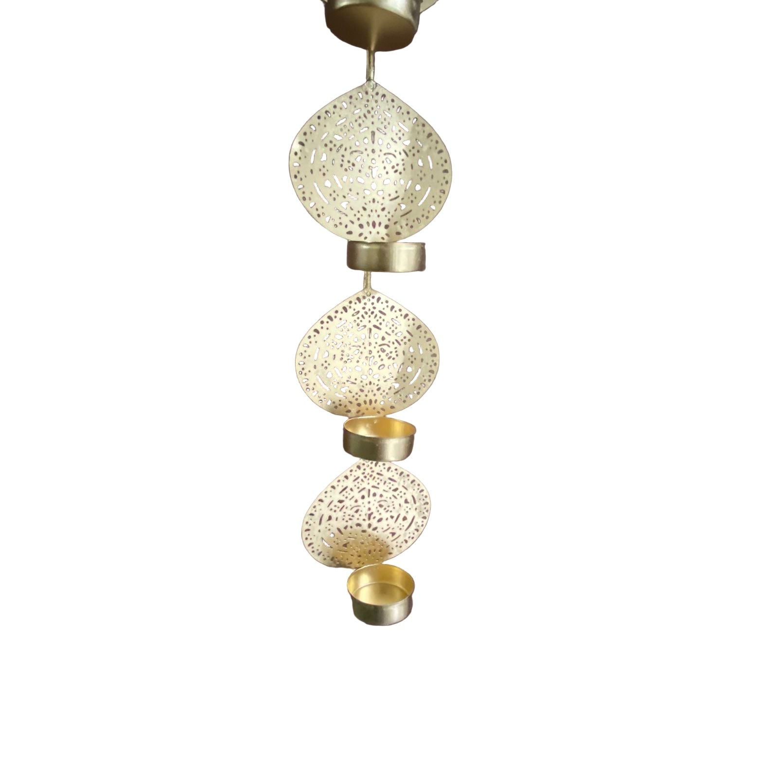 Decorative gold hanging lantern against a wooden background